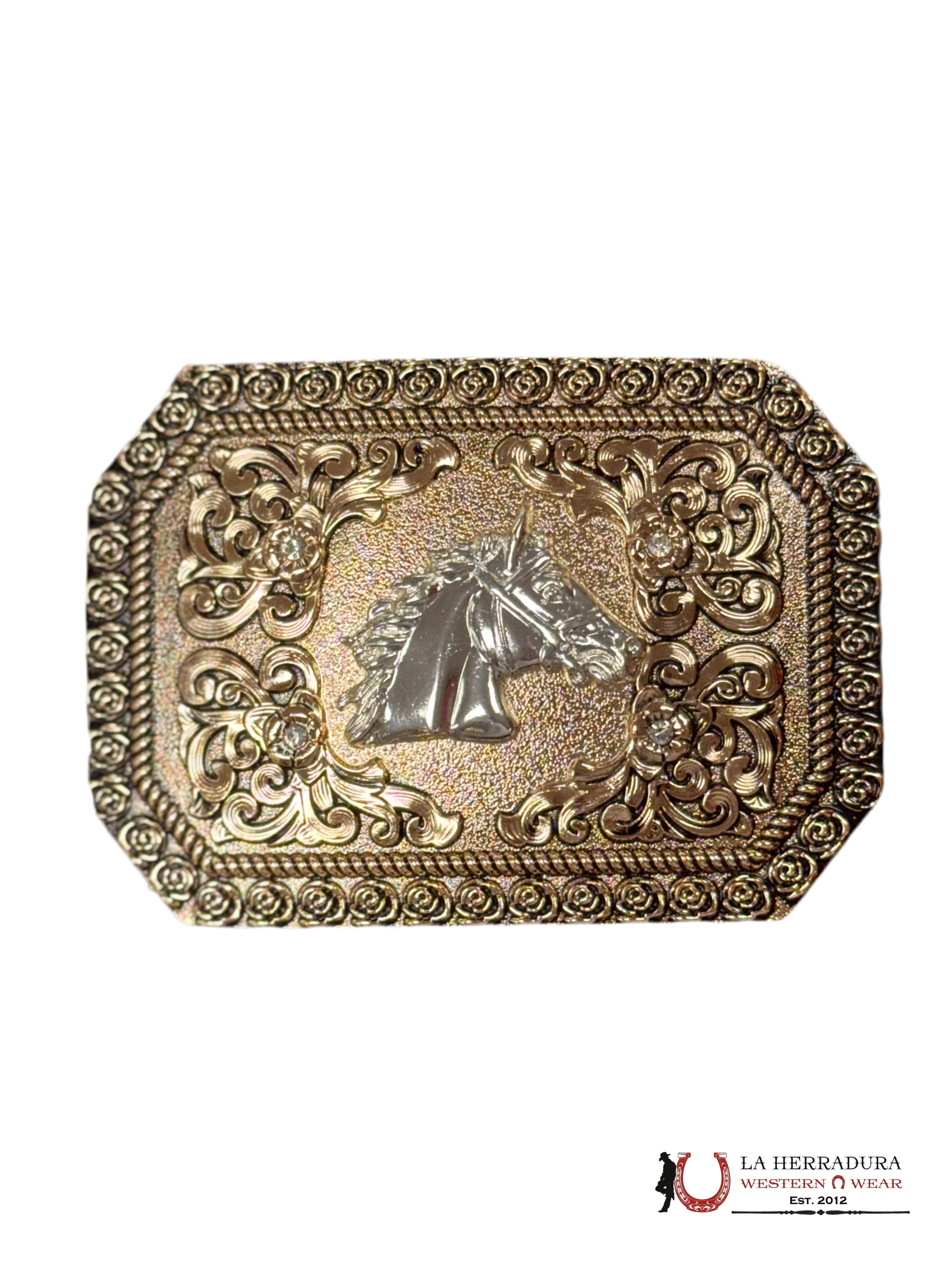 SILVER HORSE FLORAL DETAILS SQUARE BUCKLE ACCESORIOS
