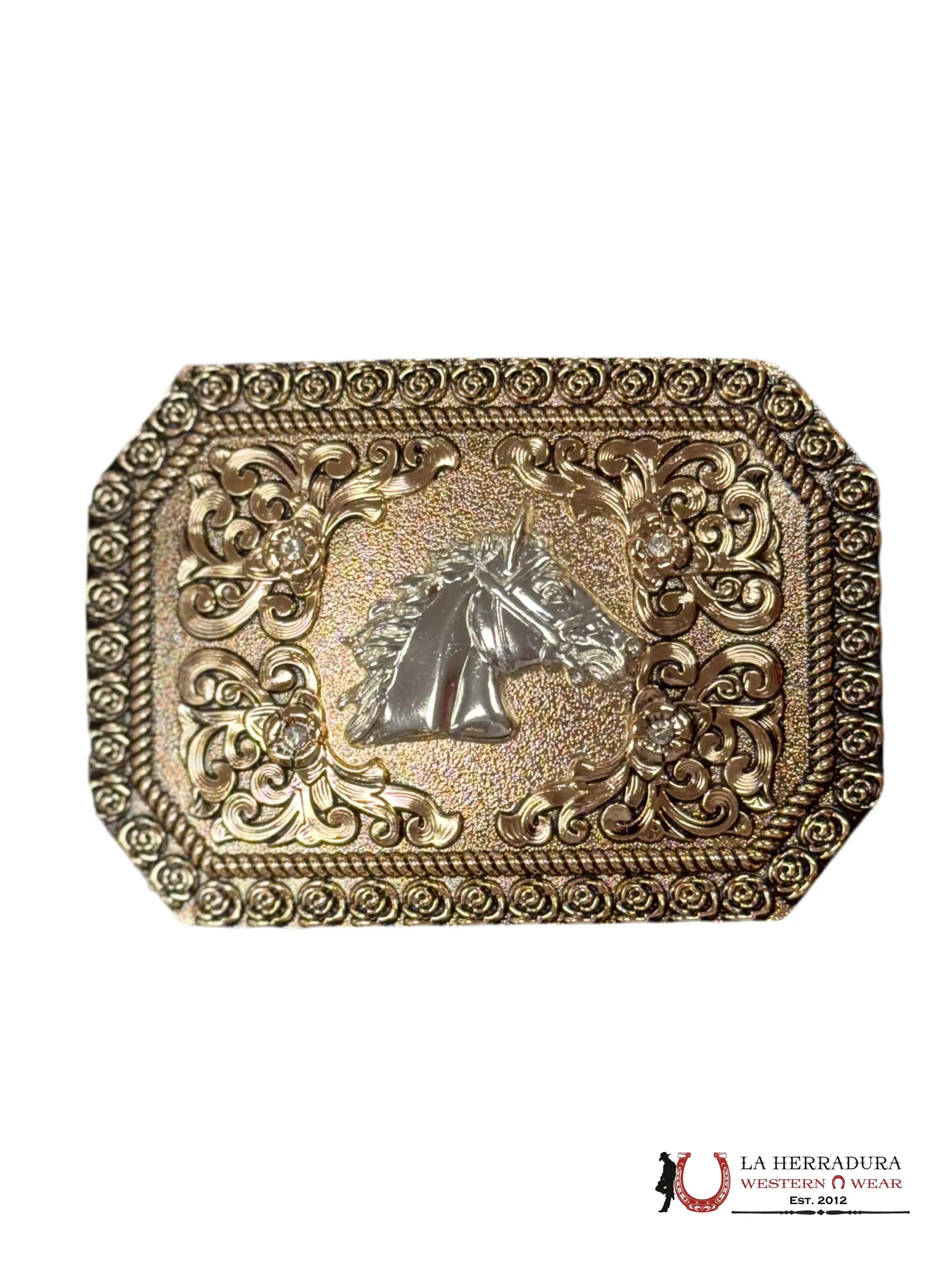 SILVER HORSE FLORAL DETAILS SQUARE BUCKLE ACCESORIOS