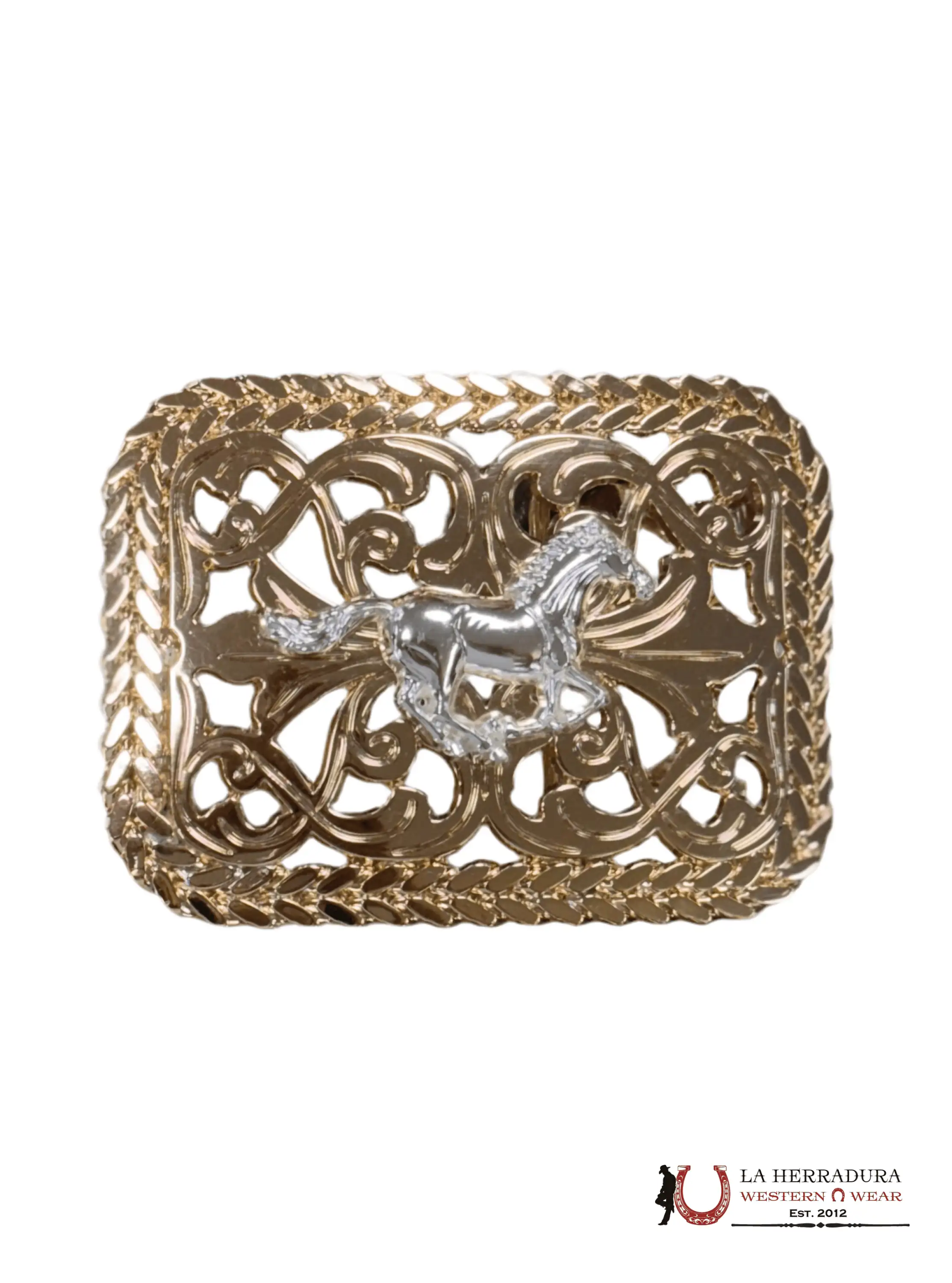 SILVER HORSE RUNNING ALL GOLD SQUARE BUCKLE ACCESORIOS
