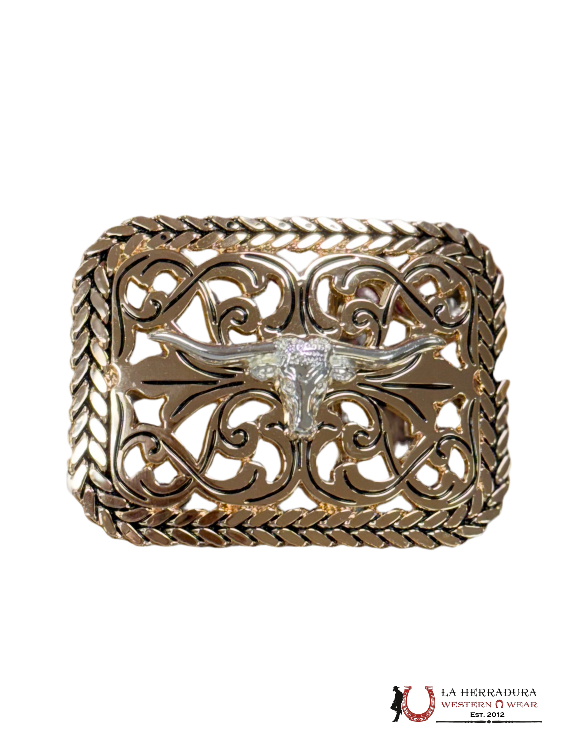 SILVER LONG HORN BLACK DETAILS SQUARE BUCKLE ACCESORIOS