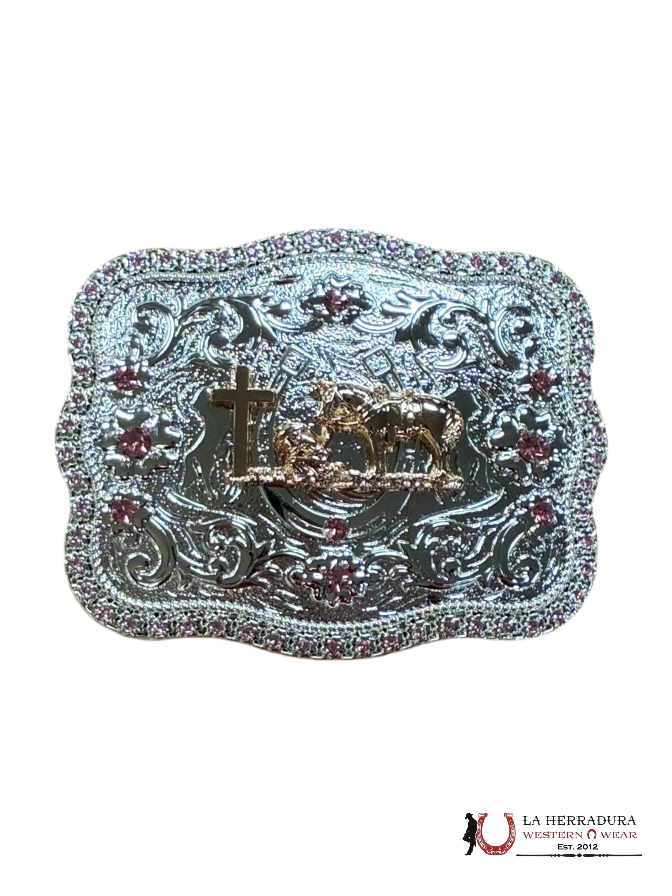 SILVER PINK RHINESTONE CROSS HORSE ROUND CORNER BUCKLE