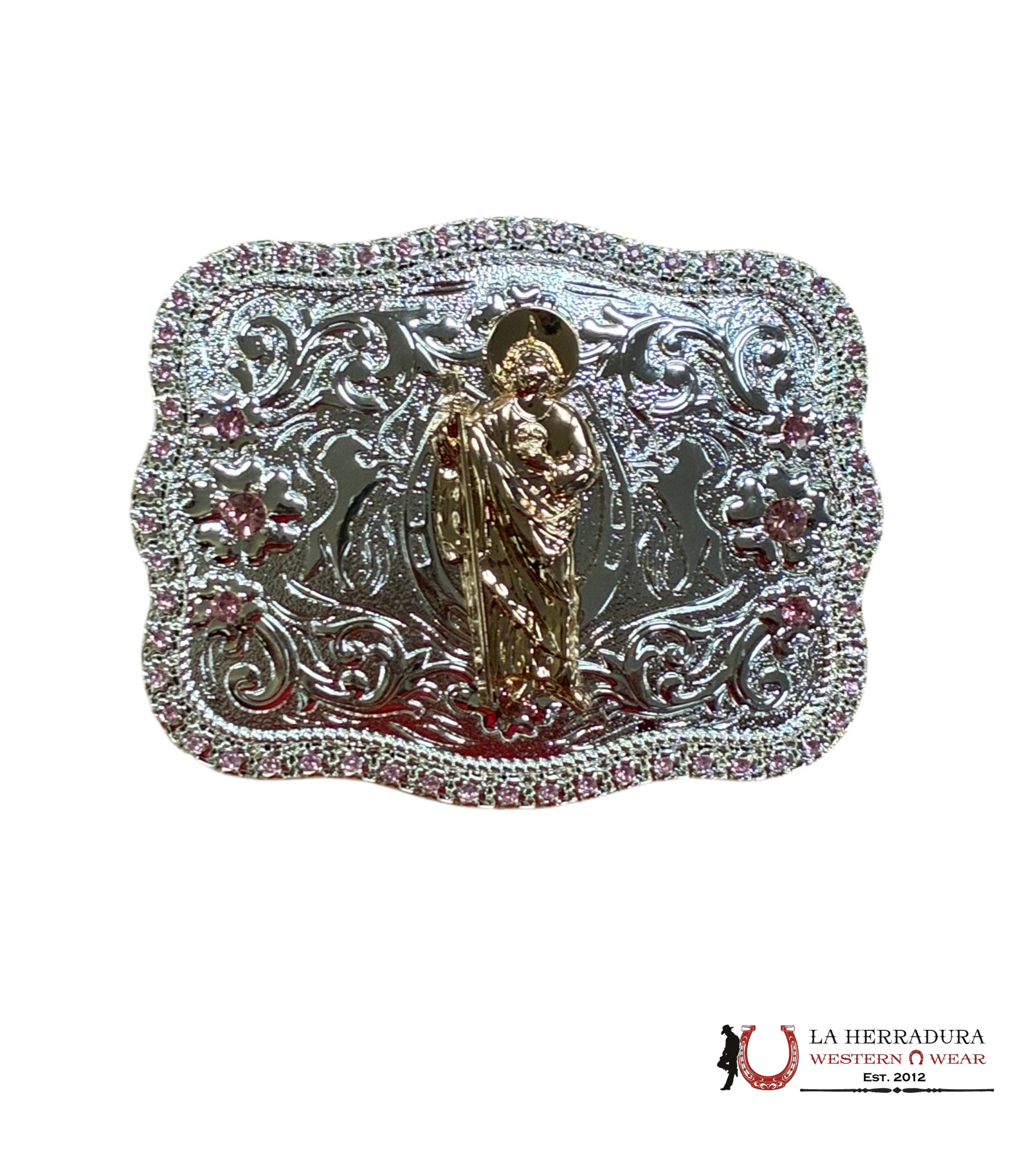 SILVER PINK RHINESTONE SAN JUDAS ROUND CORNER BUCKLE