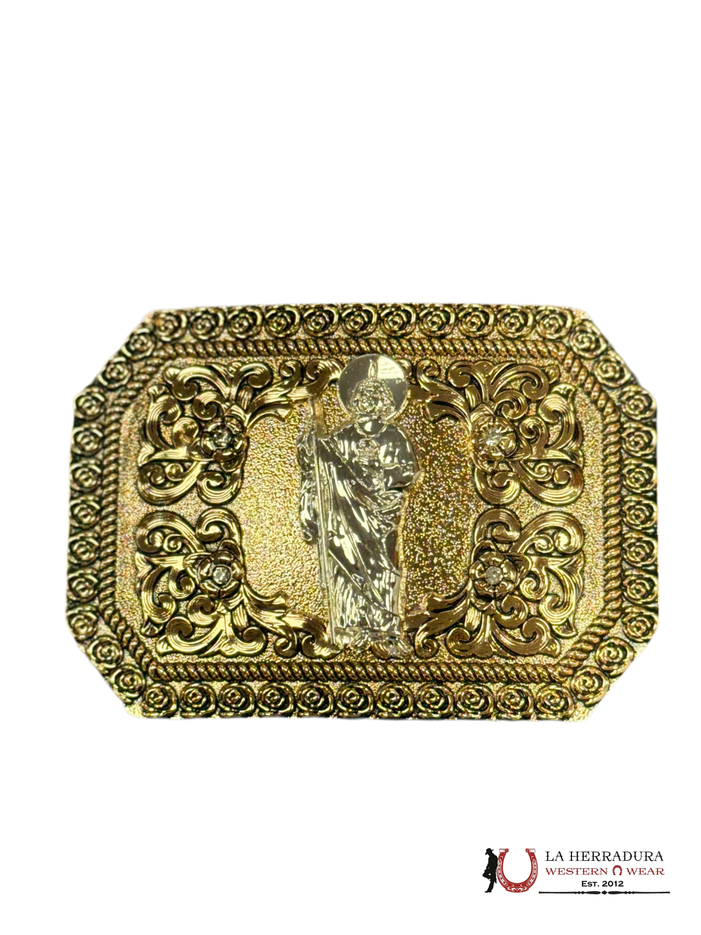 SILVER SAN JUDAS FLORAL DESIGN SQUARE BUCKLE ACCESORIOS