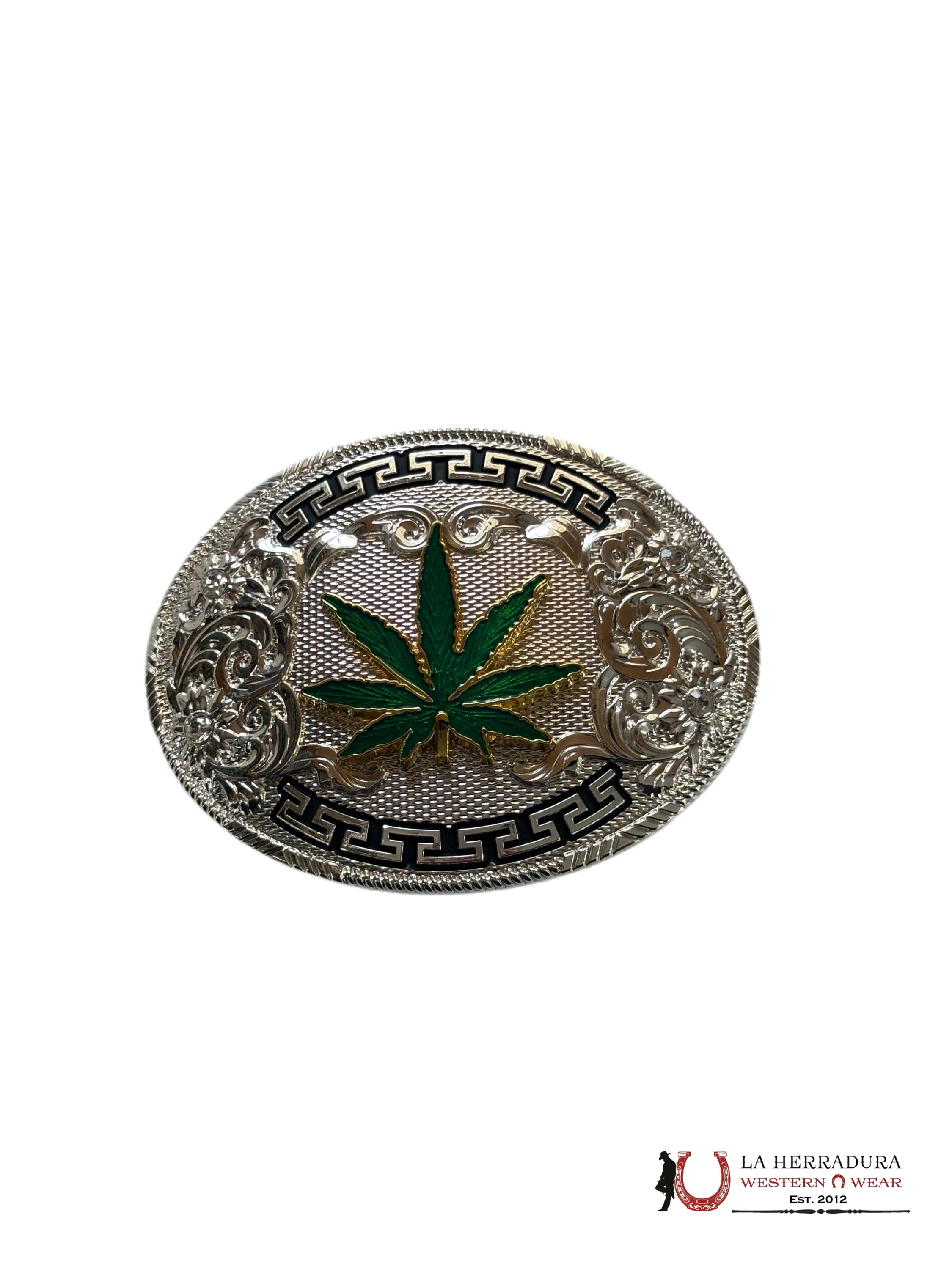 SILVER WITH GREEN AND GOLD CANNABIS ROUND BUCKLE ACCESORIOS