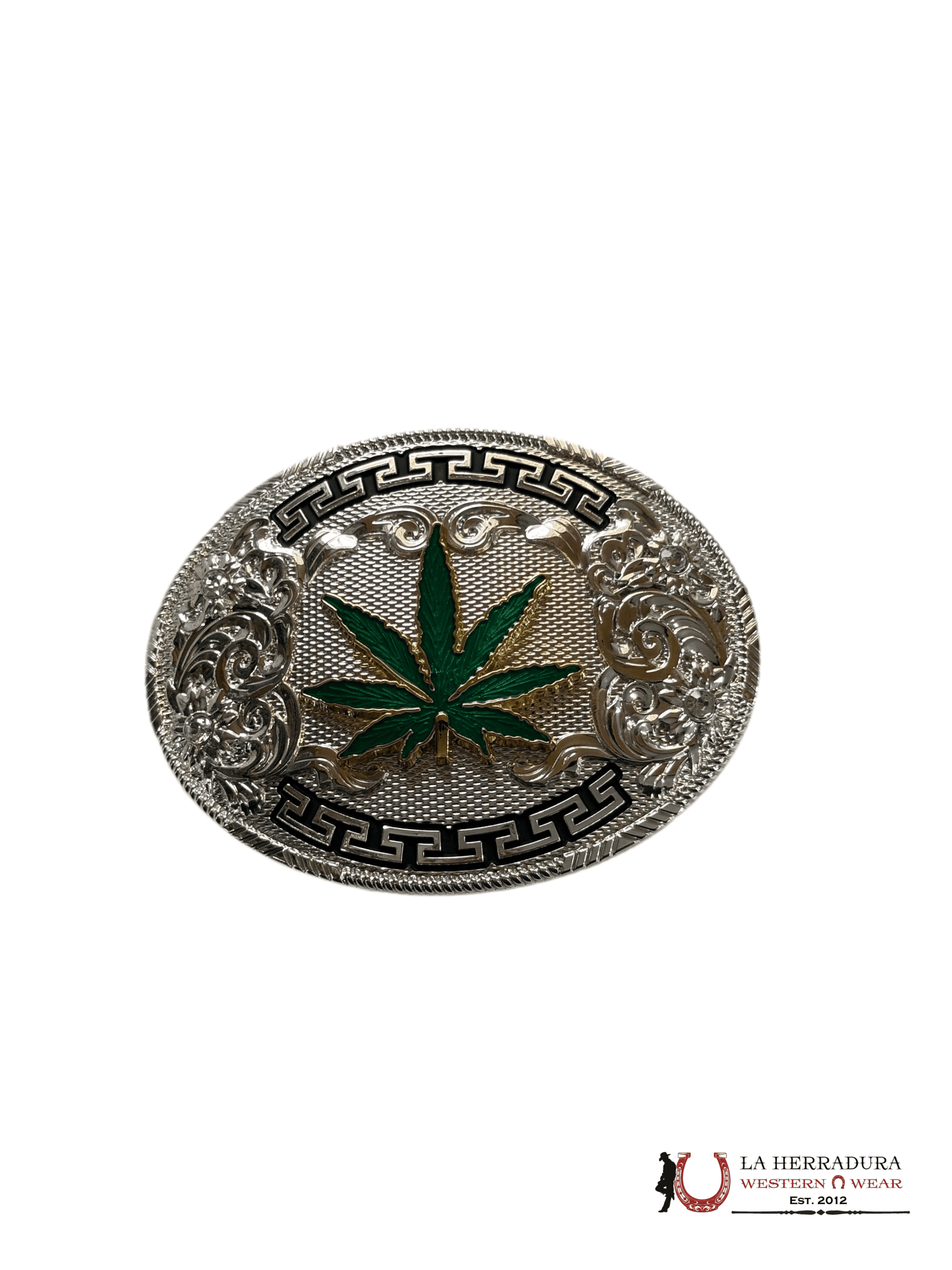 SILVER WITH GREEN AND GOLD CANNABIS ROUND BUCKLE ACCESORIOS