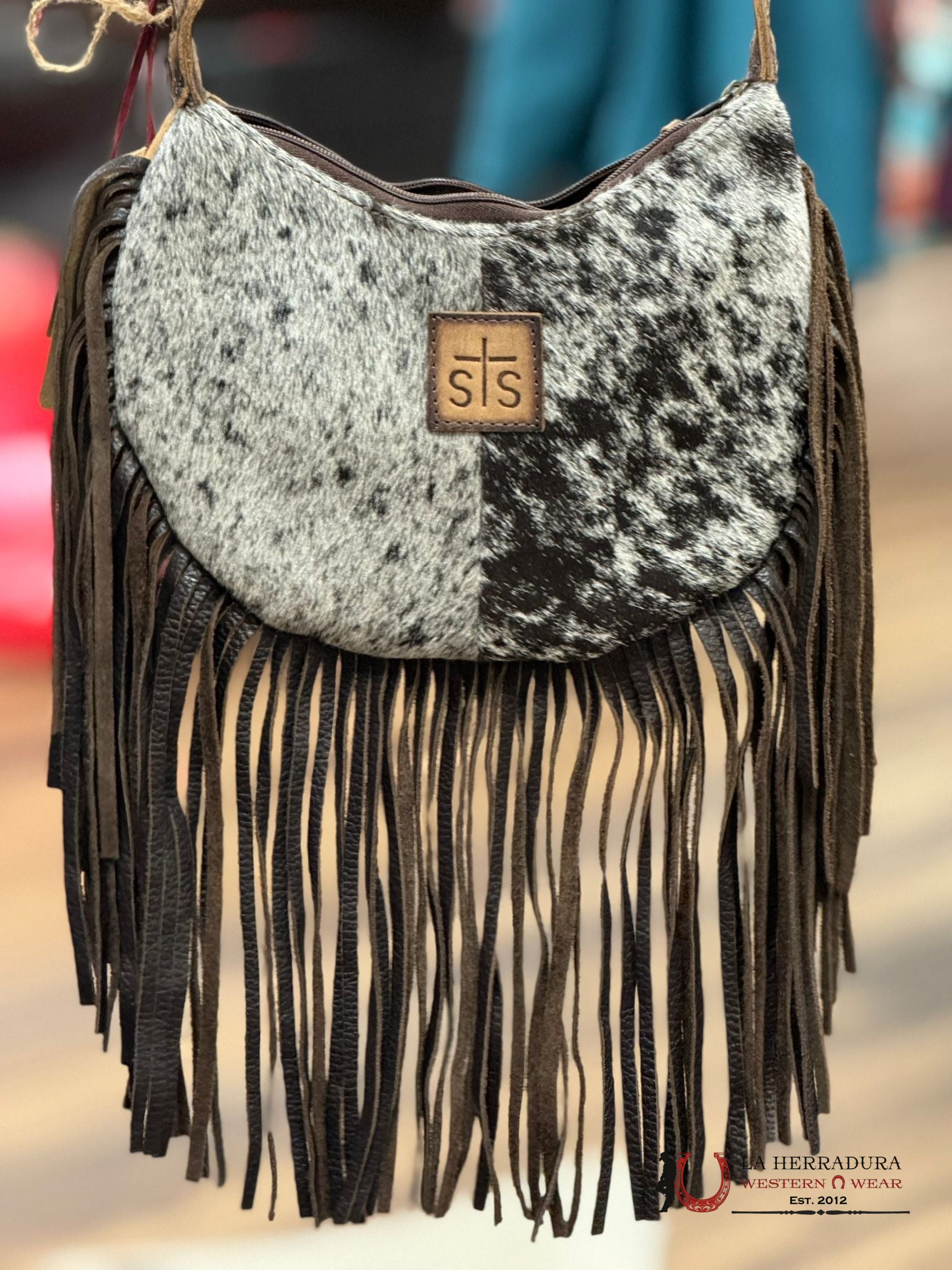 Sts Ranchwear Cowhide Black & White Nellie Fringe Bag