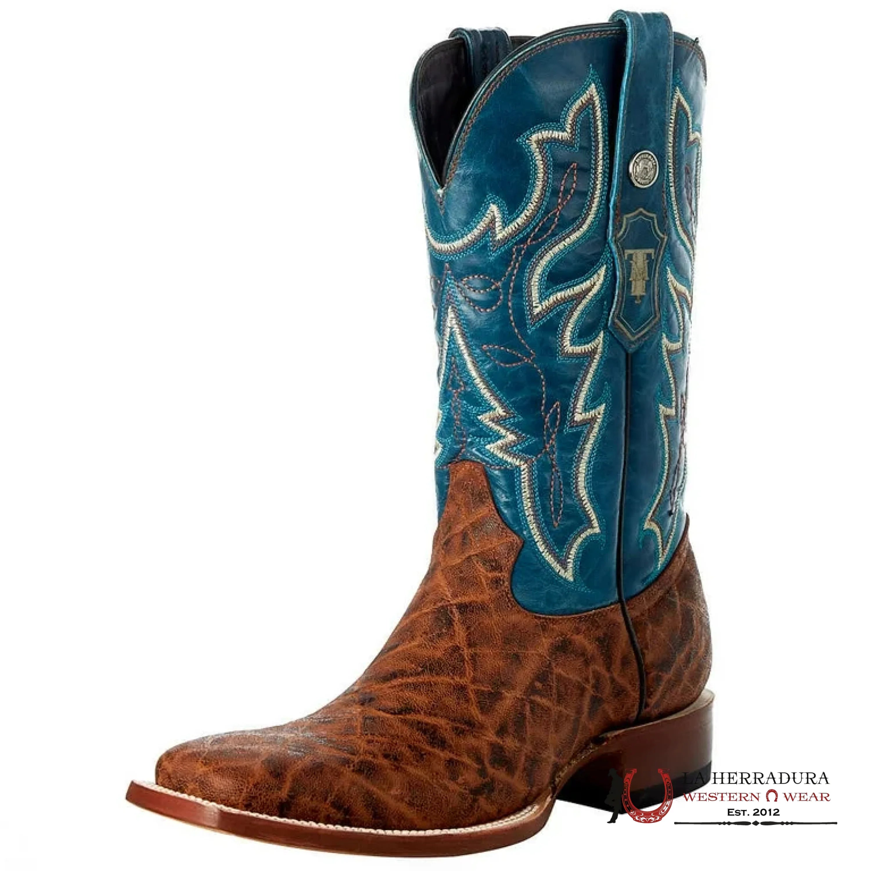 Tanner Mark Boots Men` s Tanner Mark Classic Matte Coganc Elephant Print Matte Blue Volcano Top Cognac- TM200976 BOTAS