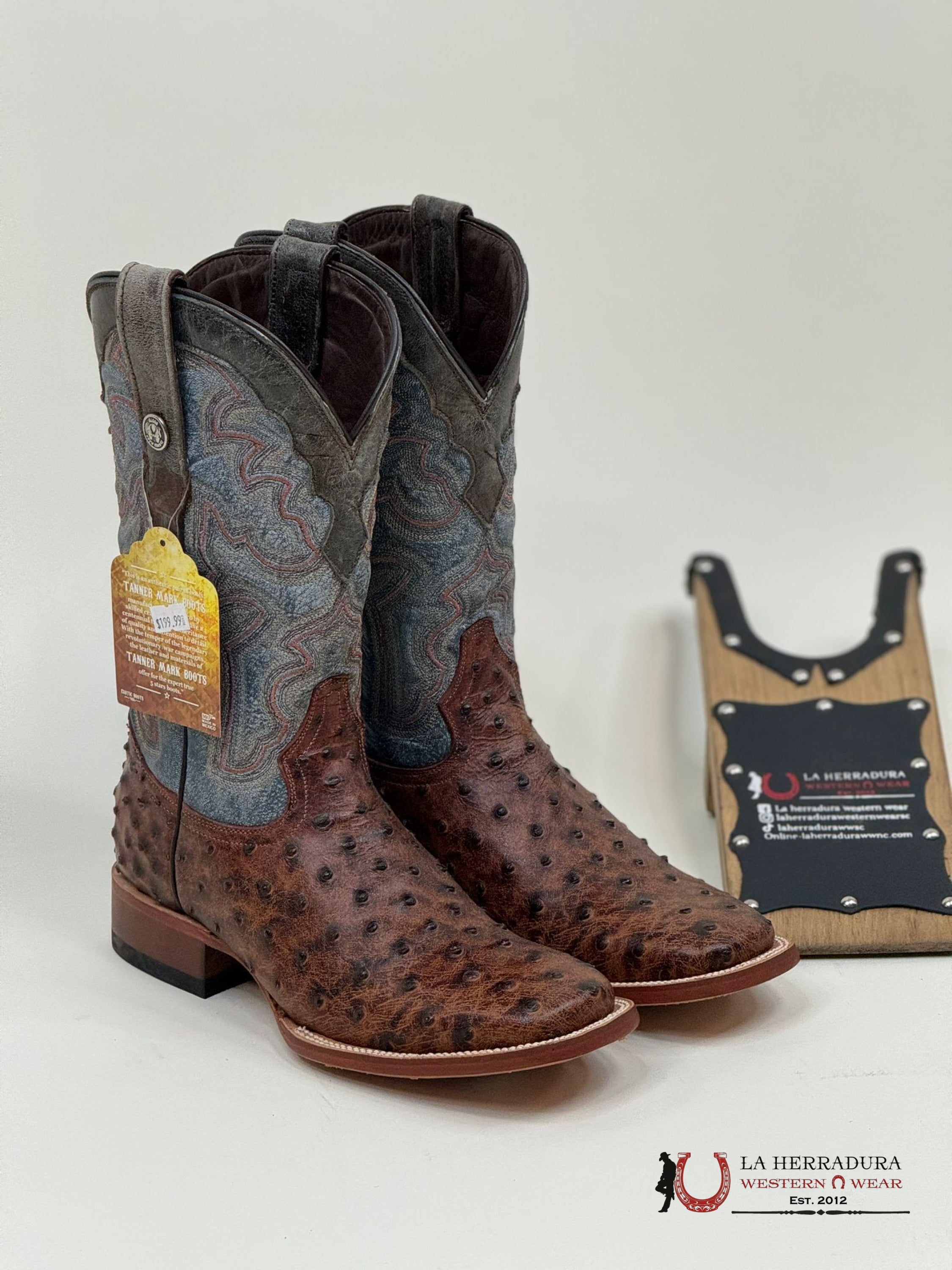 Tanner Mark Boots Print Ostrich Skin Blue Fontana Top Botas Hombres