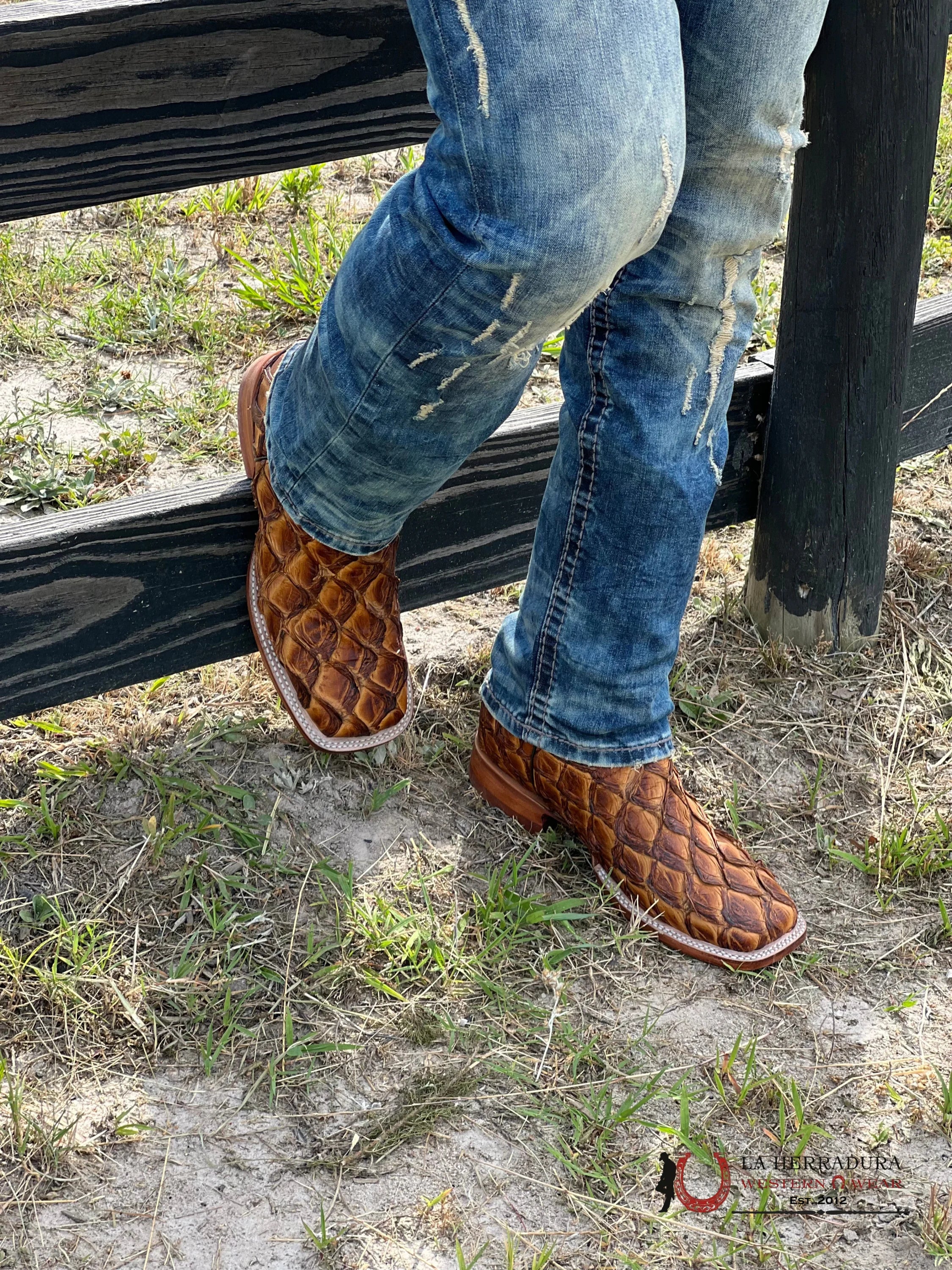 Tanner Mark Boots Square Toe Cognac Exotic Fish Skin Botas Hombres