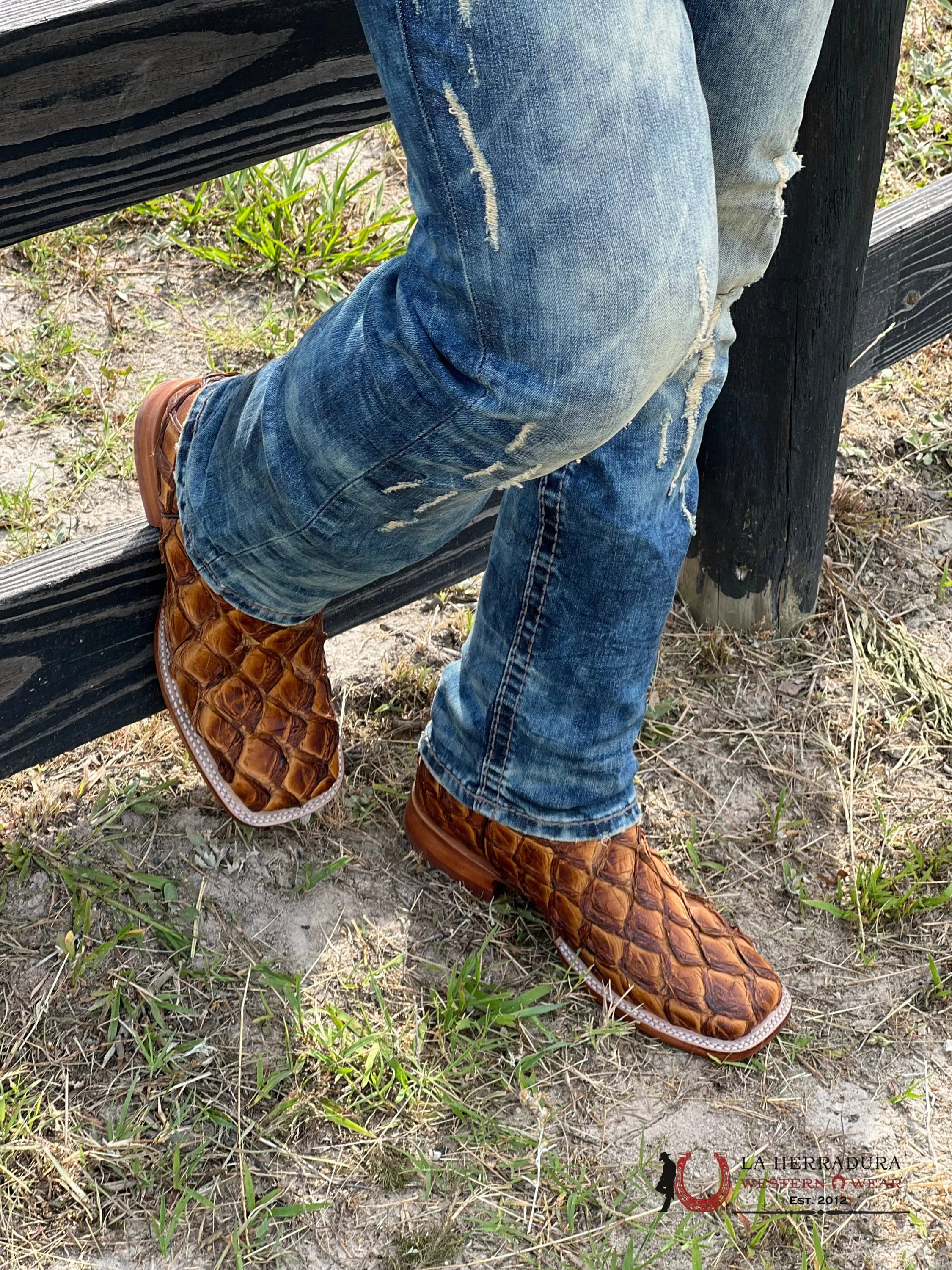Tanner Mark Boots Square Toe Cognac Exotic Fish Skin Botas Hombres