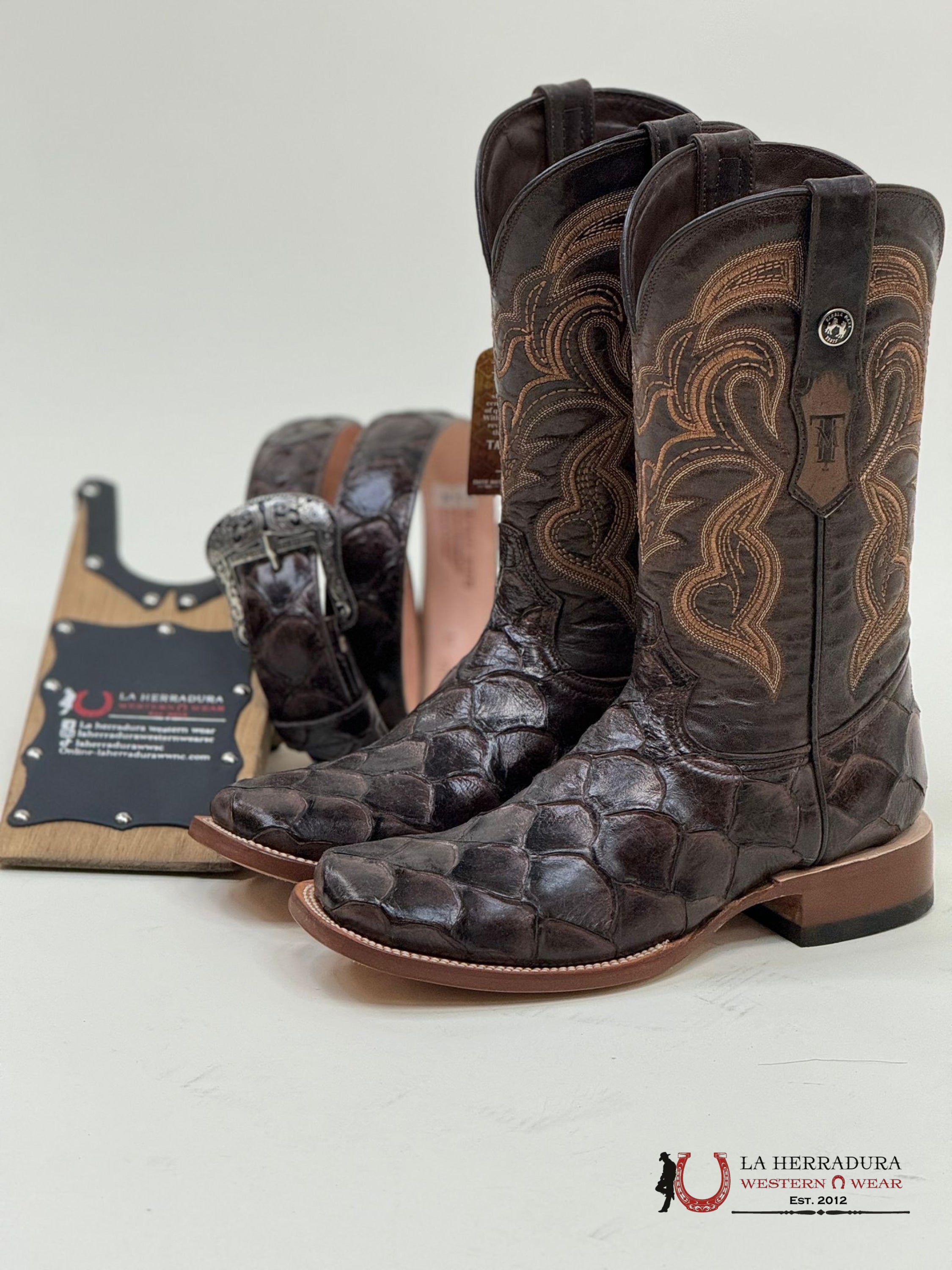 Tanner Mark Boots Square Toe Imit. Brown Fish Skin Botas Hombres