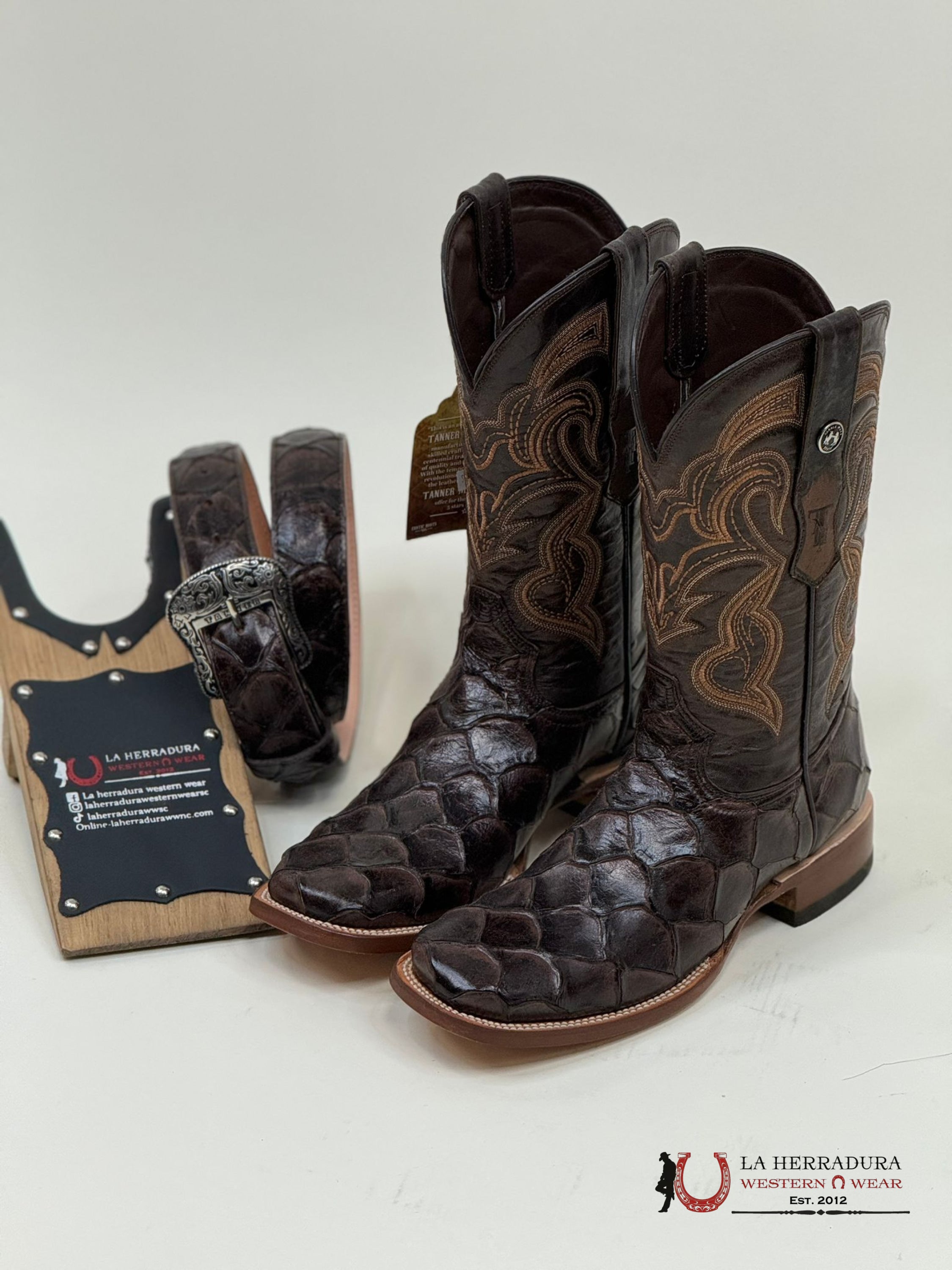 Tanner Mark Boots Square Toe Imit. Brown Fish Skin Botas Hombres