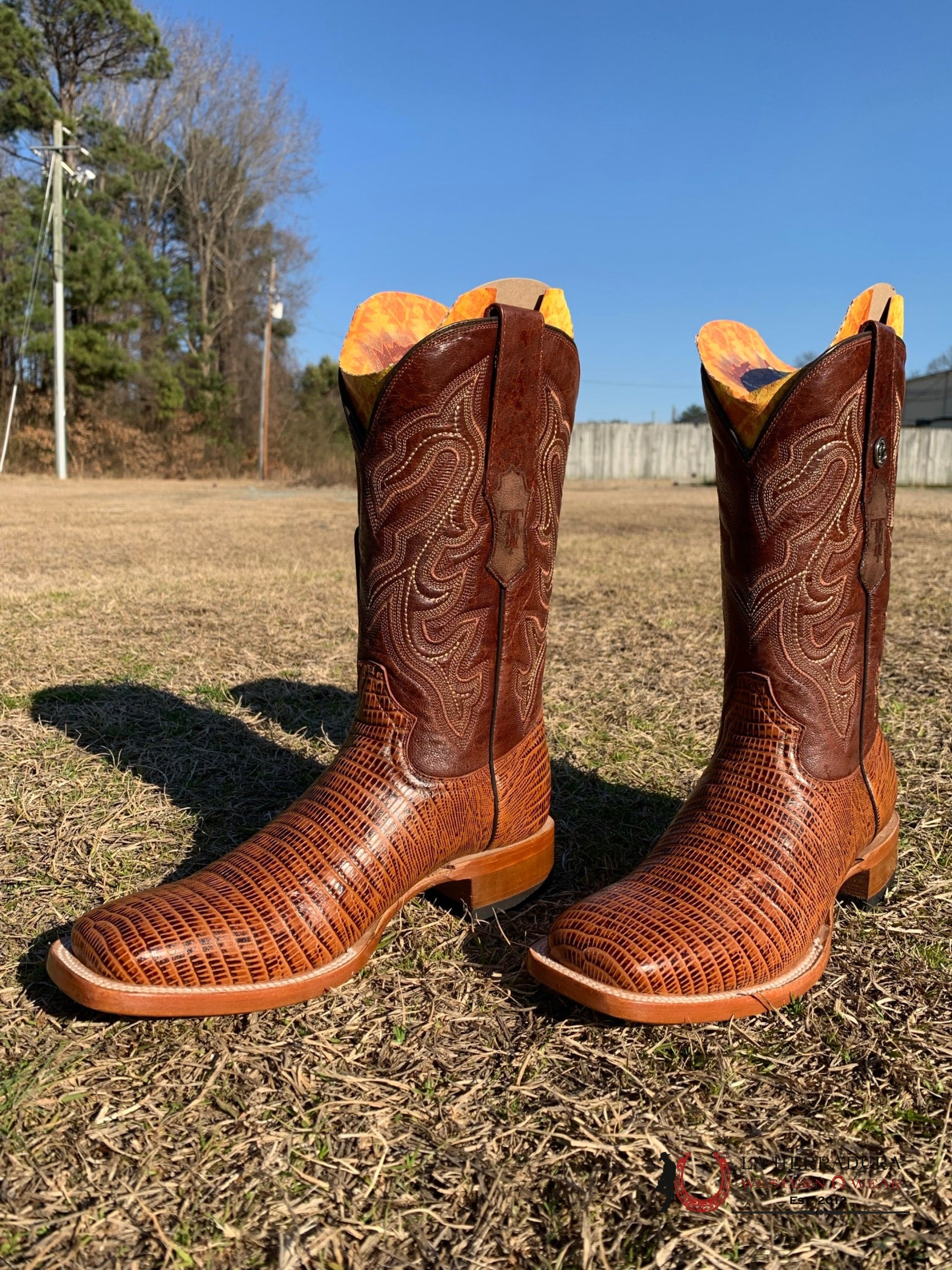 Tanner Mark Boots Square Toe Lizard Skin 7 Usa (México 26) / Coñac Botas Hombres