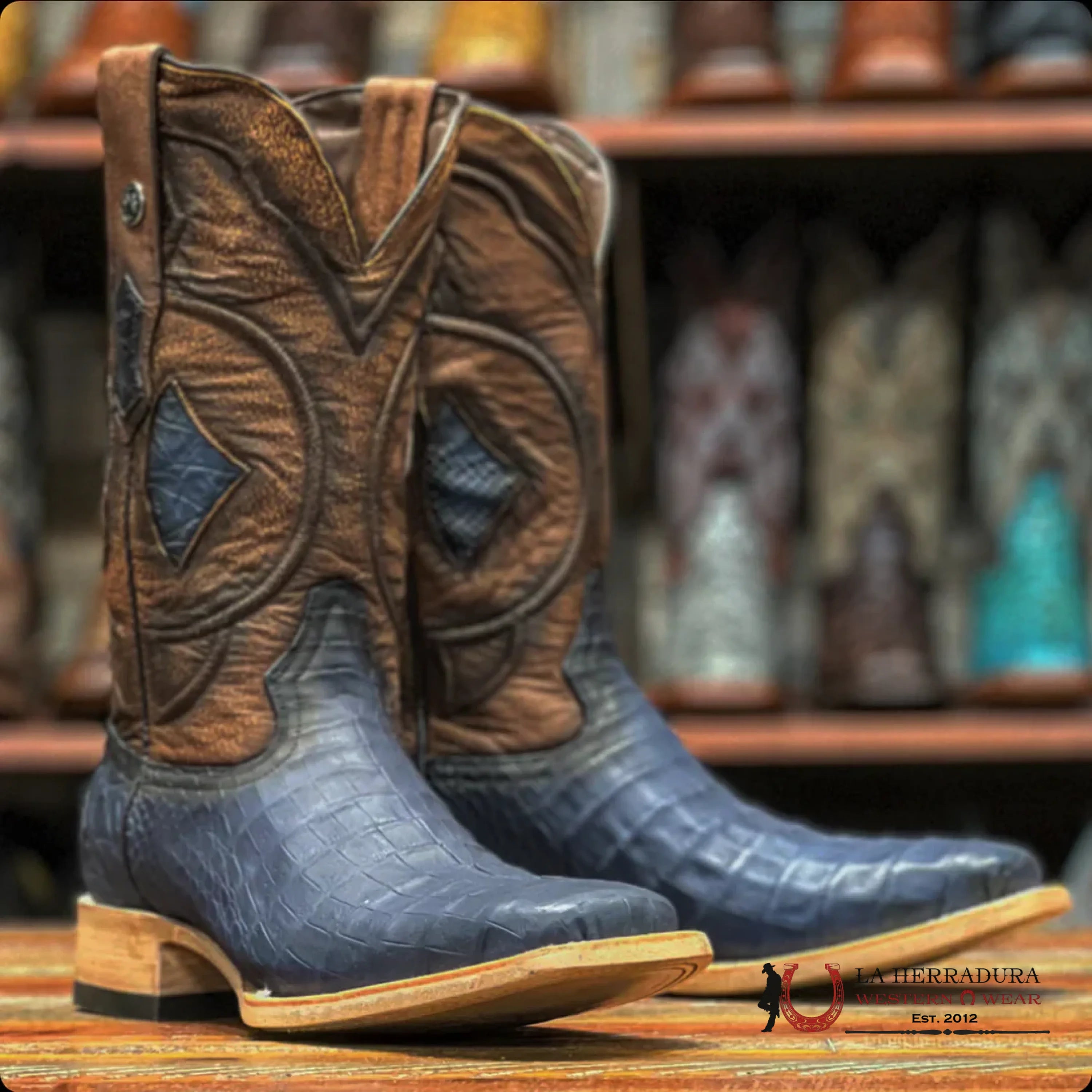 Tanner Mark Men’s Exotic Caiman SALVAJE MATTE (Whiskey Montana Top/ Sky Blue)- TMX208052 BOTAS HOMBRES