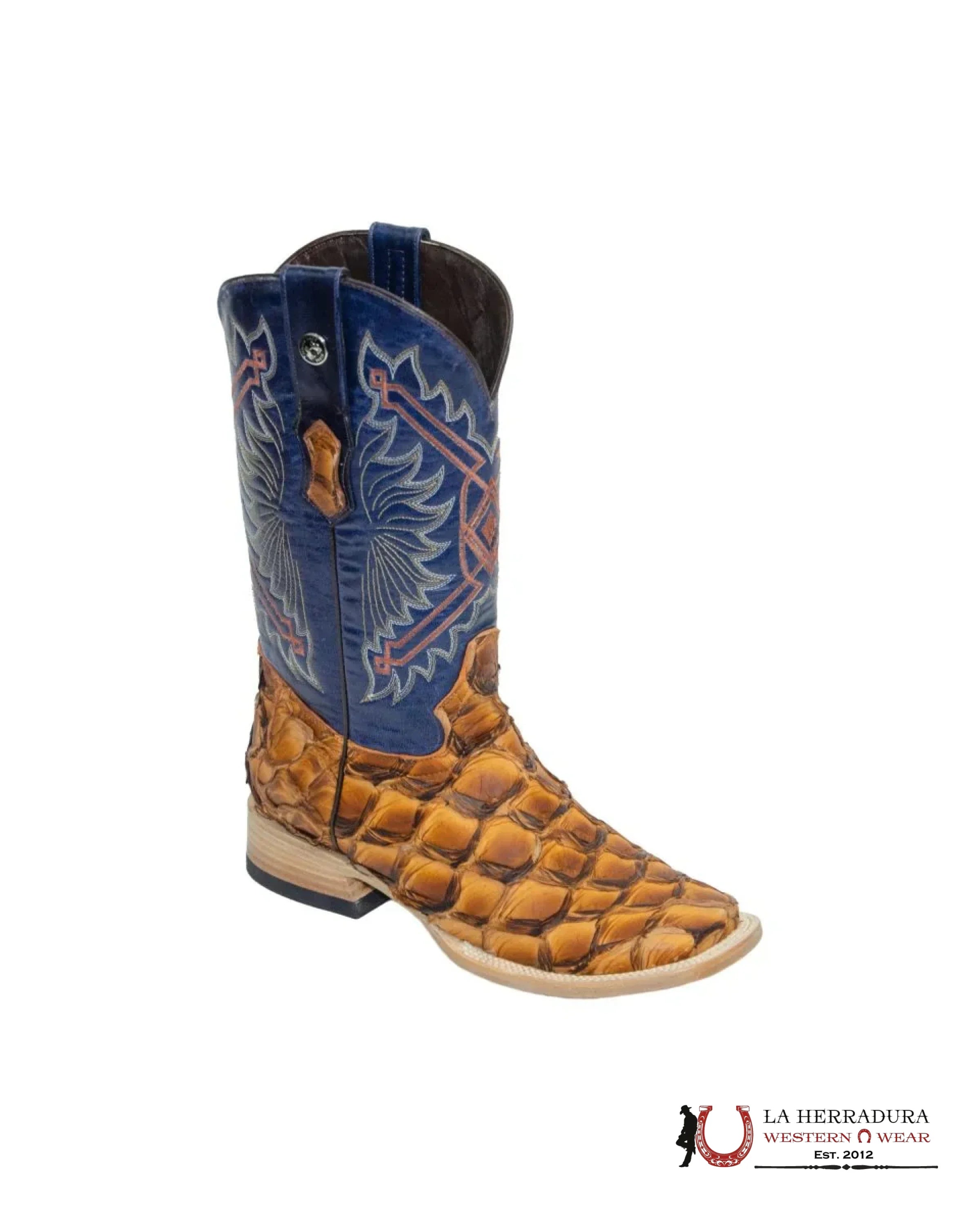 TANNER MARK MEN’S EXOTIC LEATHER Monster Fish Ginger Triple Stitch Boots (Blue Volcano Top)- TMX208128 BOTAS HOMBRES