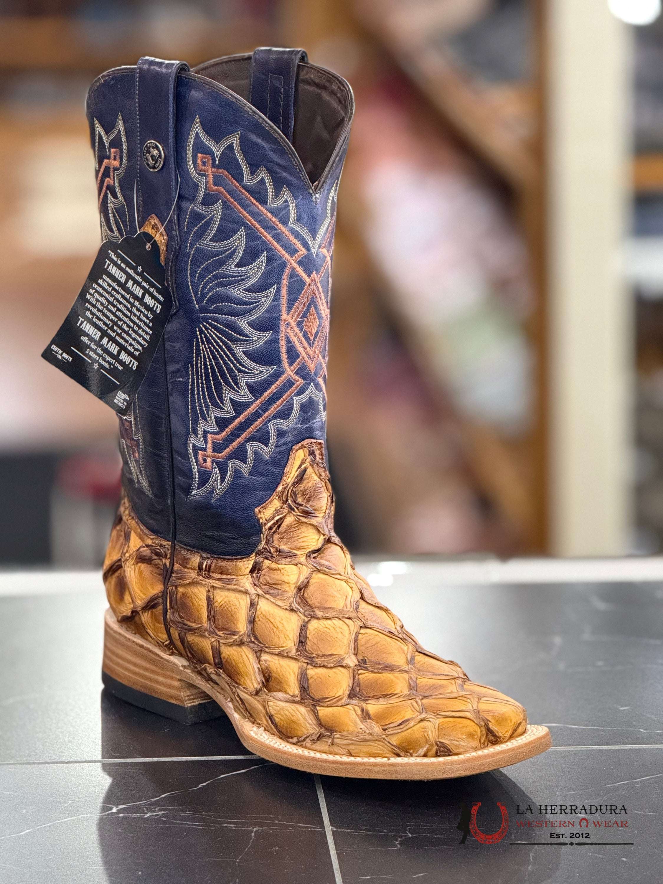 TANNER MARK MEN’S EXOTIC LEATHER Monster Fish Ginger Triple Stitch Boots (Blue Volcano Top)- TMX208128 BOTAS HOMBRES