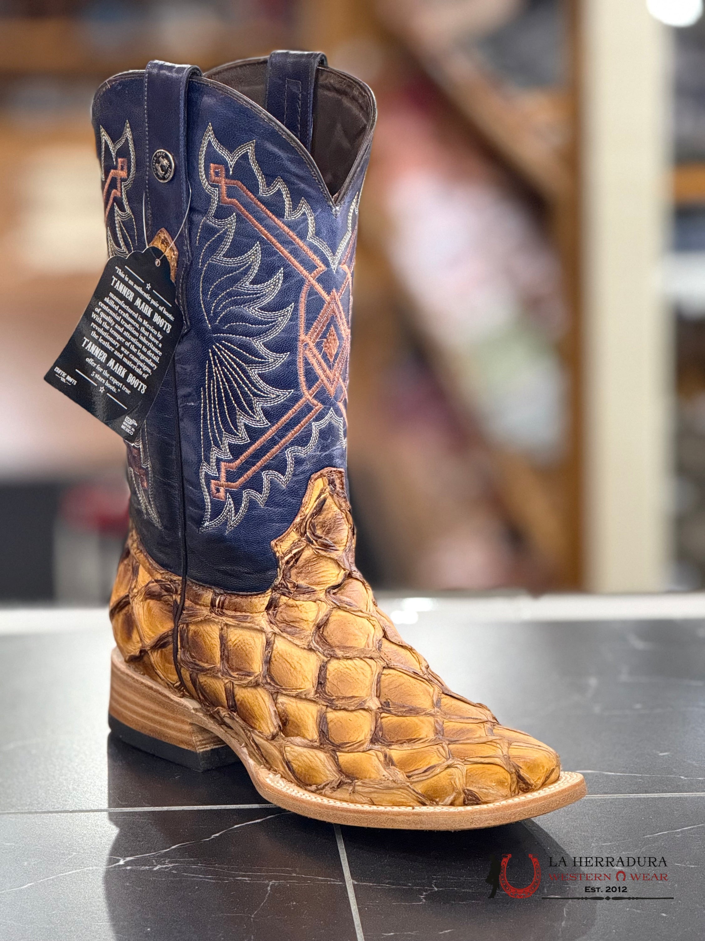 TANNER MARK MEN’S EXOTIC LEATHER Monster Fish Ginger Triple Stitch Boots (Blue Volcano Top)- TMX208128 BOTAS HOMBRES