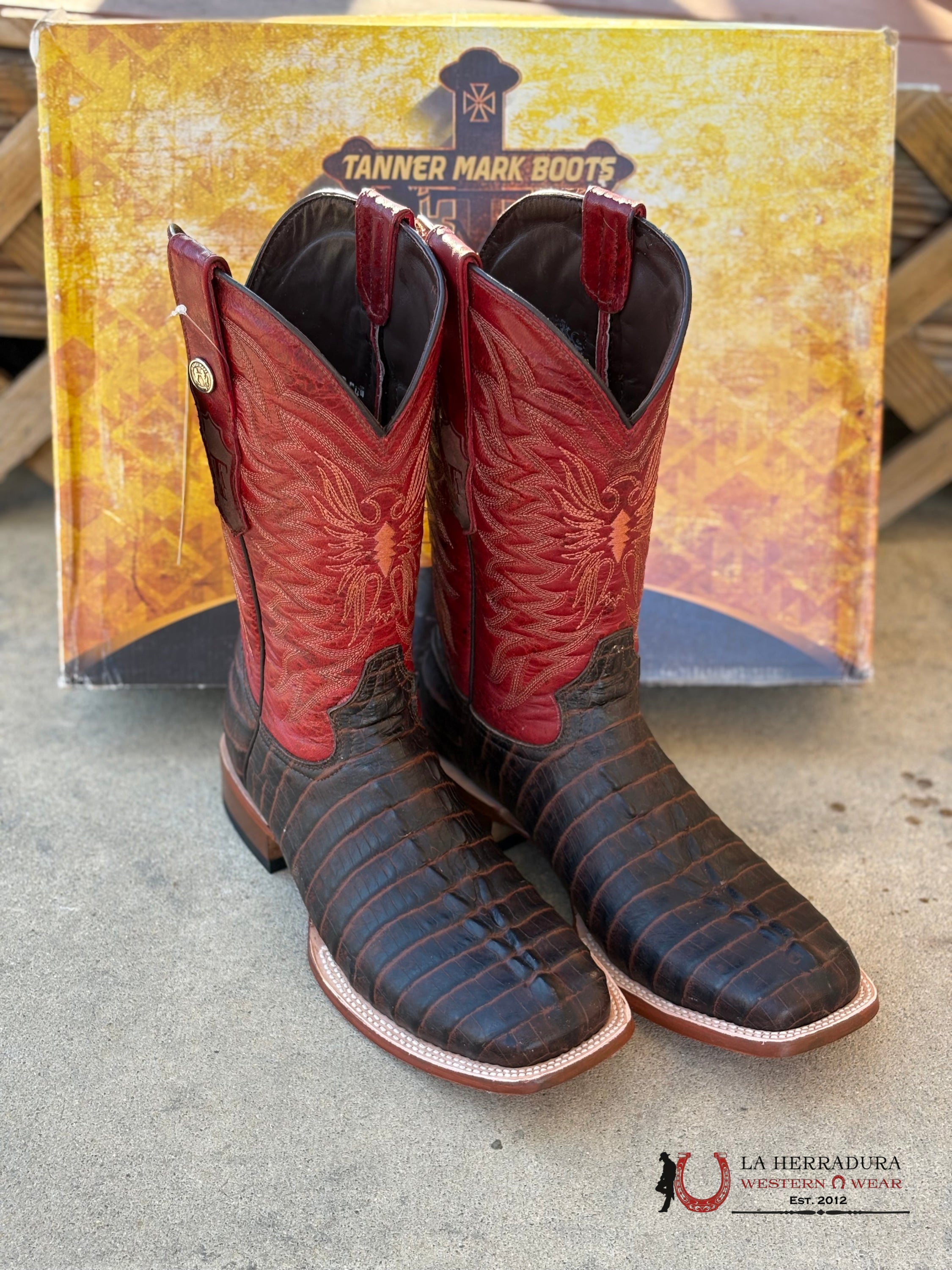 TANNER MARK MENS PRINT CAIMAN TAIL MATTEE BROWN FANGO RED TOP- 5538 BOTAS HOMBRES
