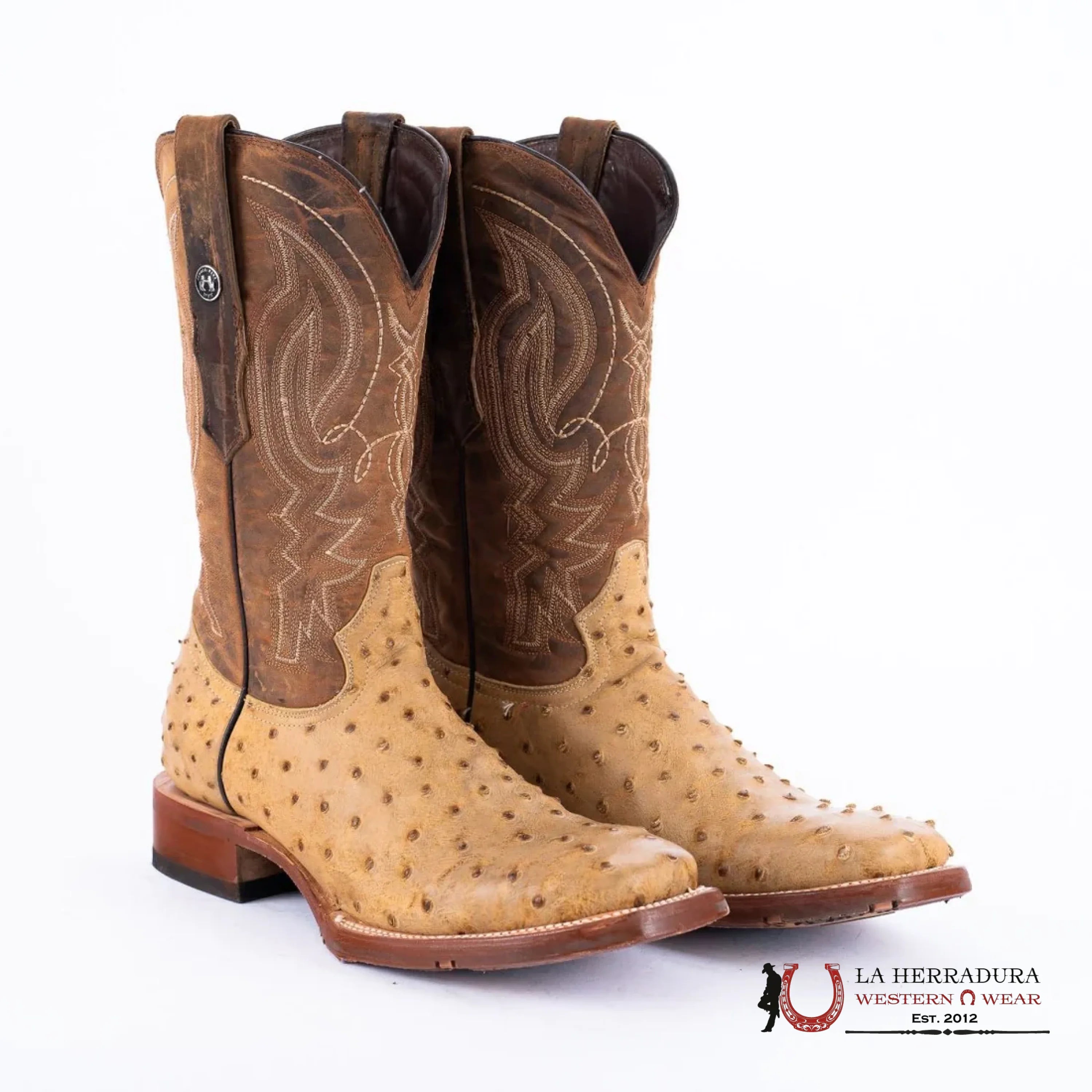 TANNER MARK MEN’S PRINT OSTRICH SQUARE TOE BOOTS ANTIQUE SADDLE TM205556 BOTAS HOMBRES