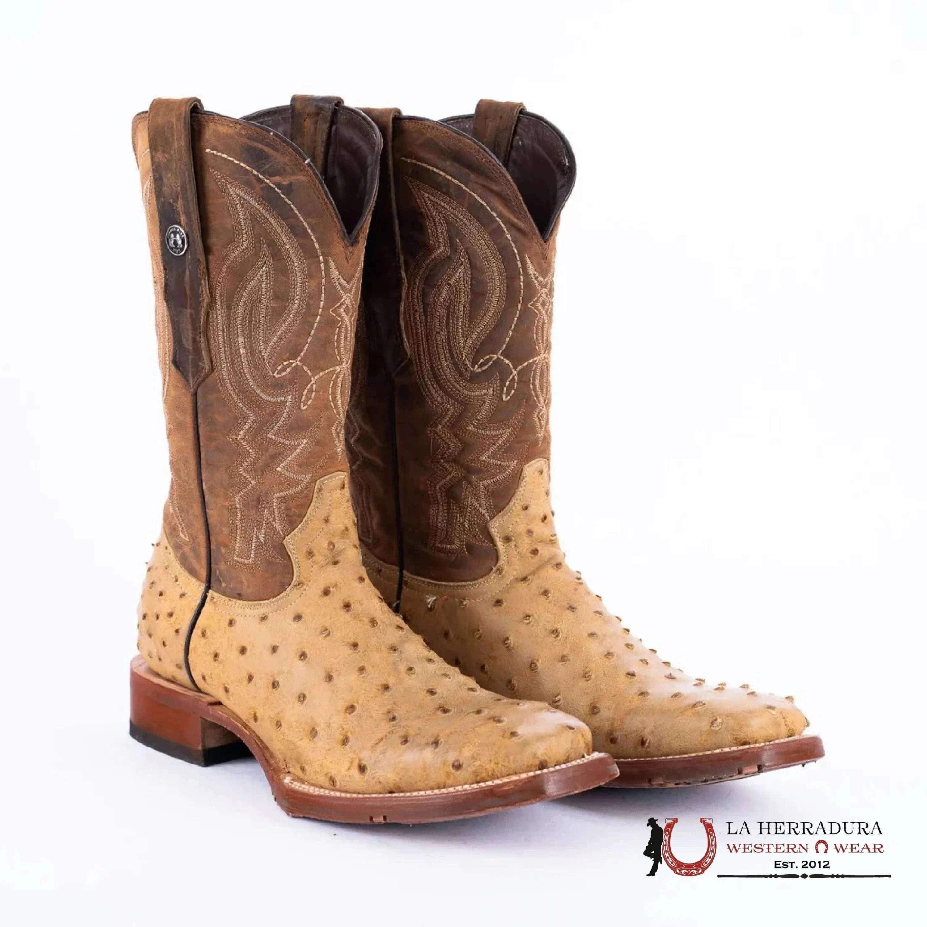 TANNER MARK MEN’S PRINT OSTRICH SQUARE TOE BOOTS ANTIQUE SADDLE TM205556 BOTAS HOMBRES