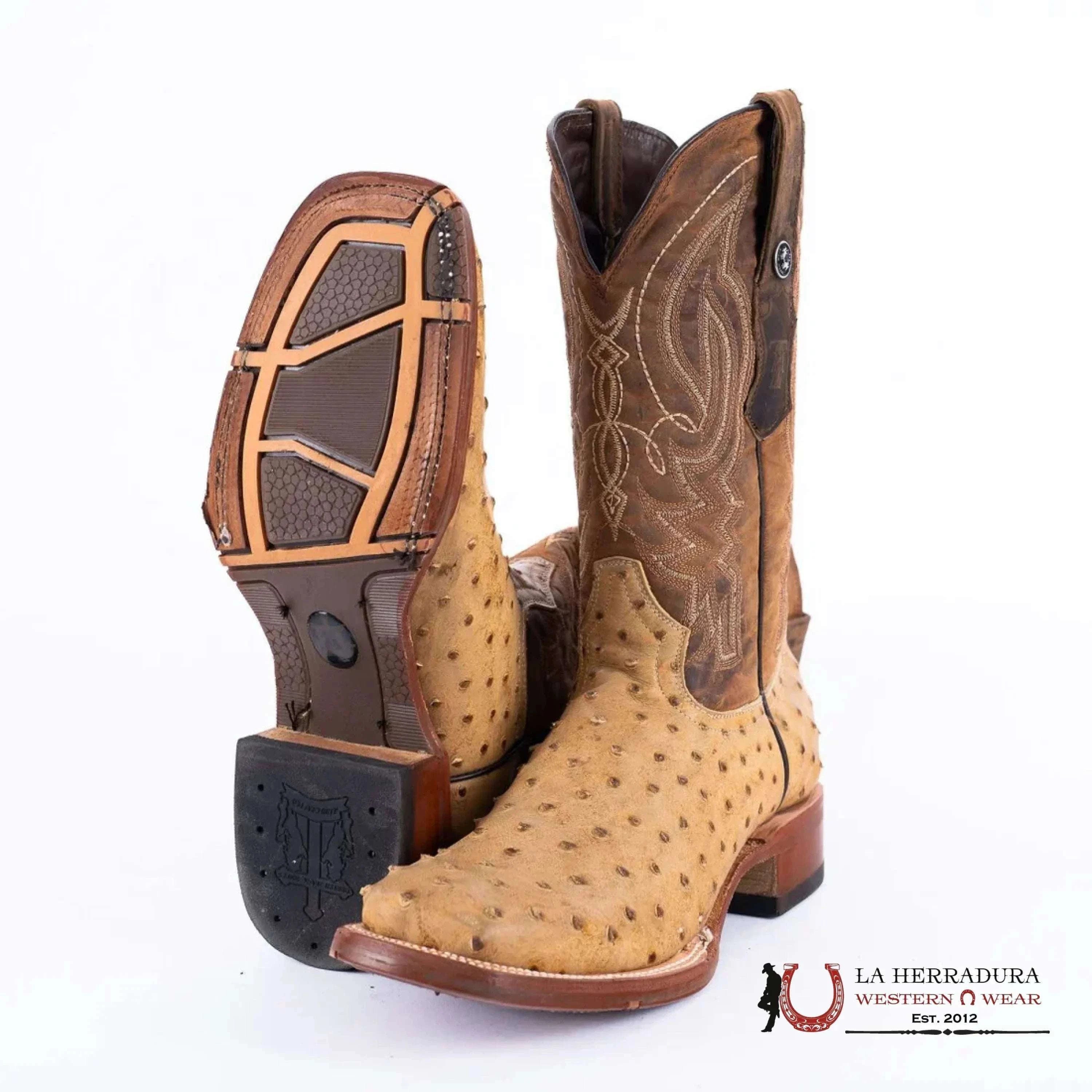 TANNER MARK MEN’S PRINT OSTRICH SQUARE TOE BOOTS ANTIQUE SADDLE TM205556 BOTAS HOMBRES