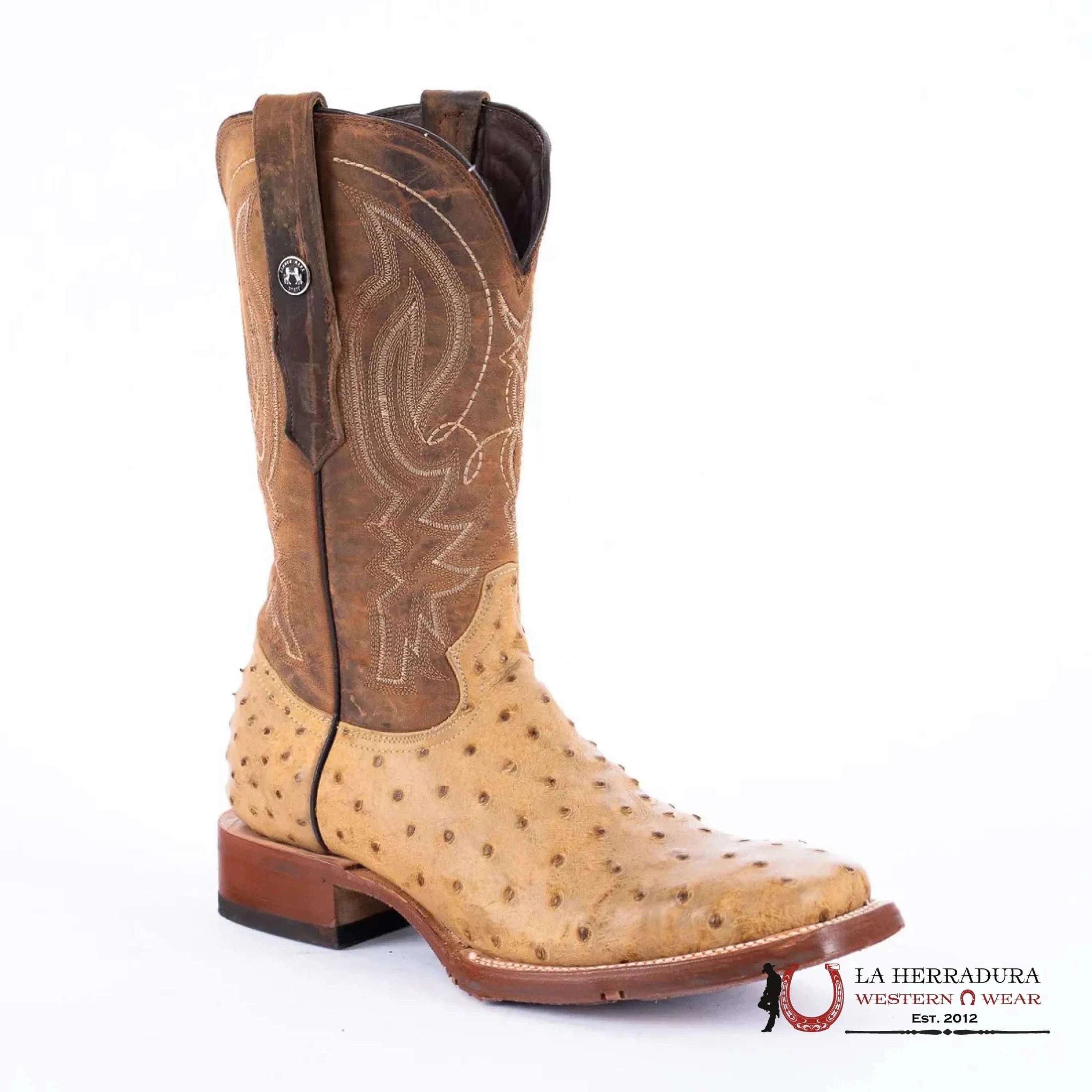 TANNER MARK MEN’S PRINT OSTRICH SQUARE TOE BOOTS ANTIQUE SADDLE TM205556 BOTAS HOMBRES