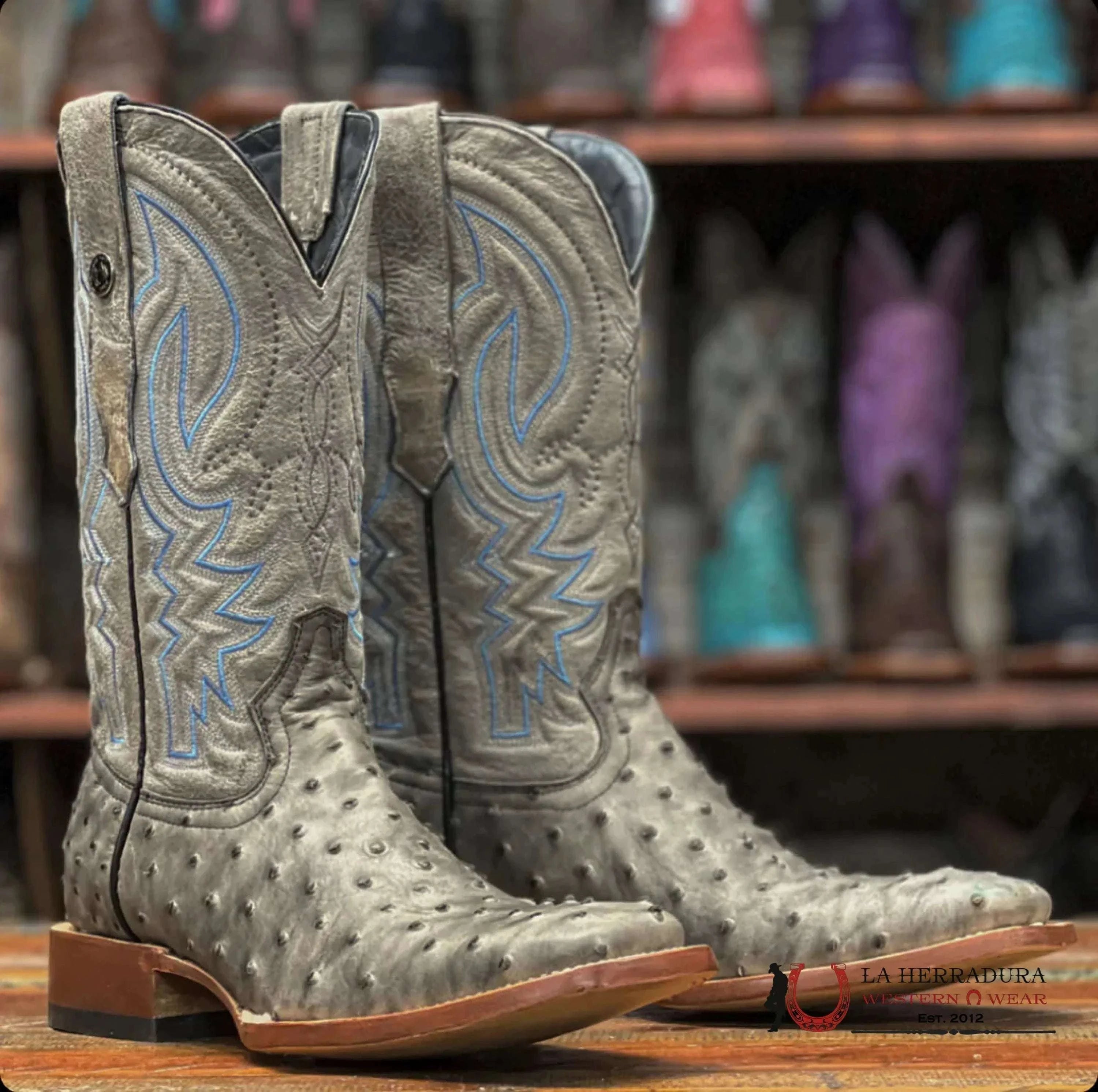 TANNER MARK MEN’S PRINT OSTRICH SQUARE TOE BOOTS GREY WITH BLACK TM205578 BOTAS HOMBRES