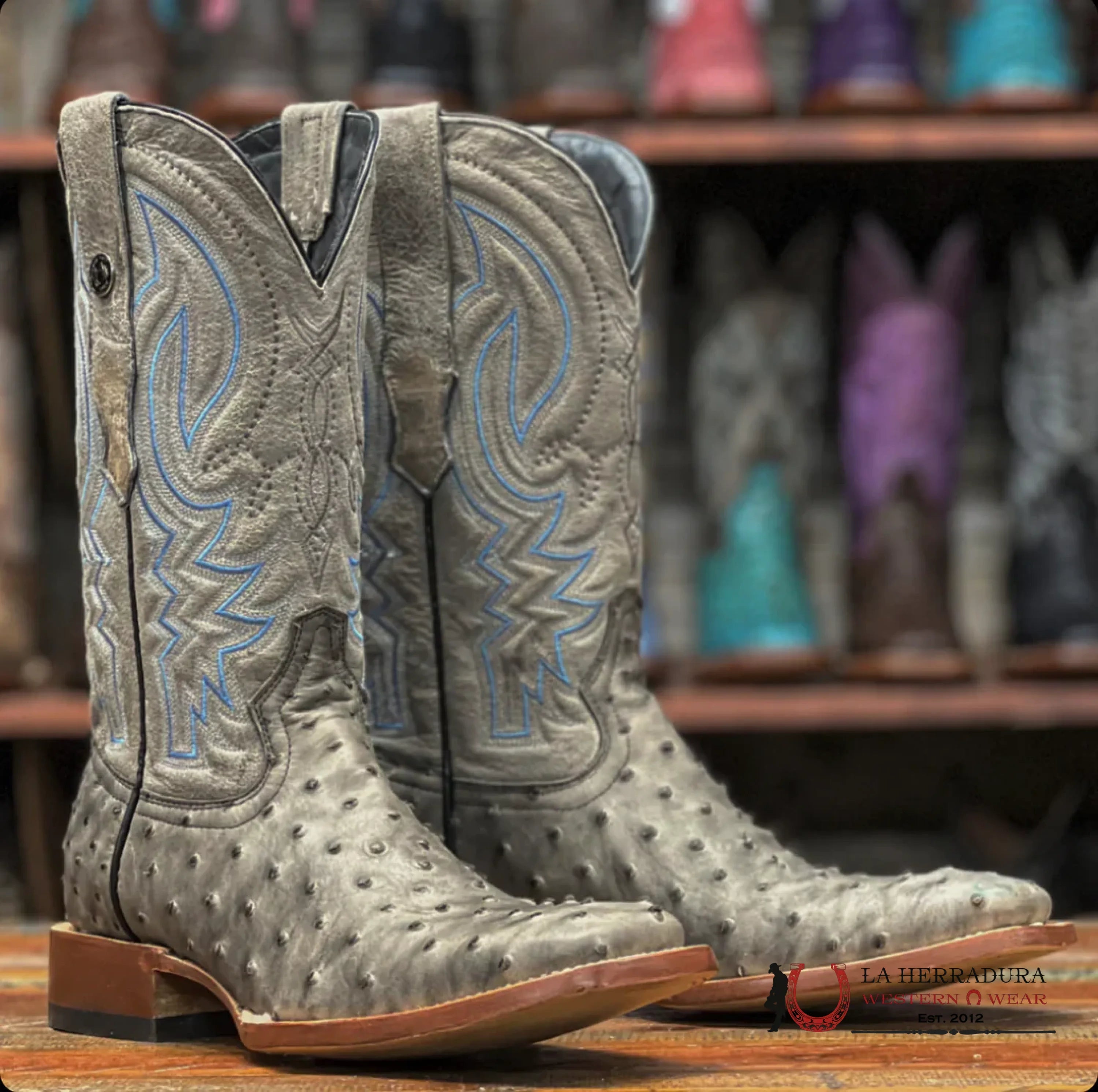 TANNER MARK MEN’S PRINT OSTRICH SQUARE TOE BOOTS GREY WITH BLACK TM205578 BOTAS HOMBRES