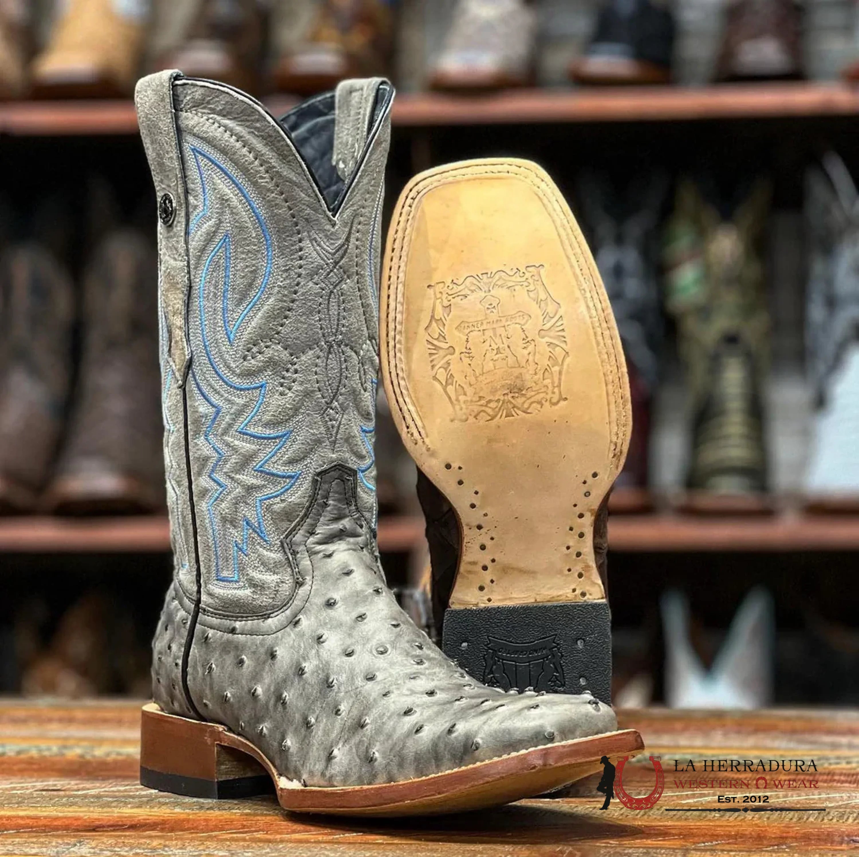 TANNER MARK MEN’S PRINT OSTRICH SQUARE TOE BOOTS GREY WITH BLACK TM205578 BOTAS HOMBRES