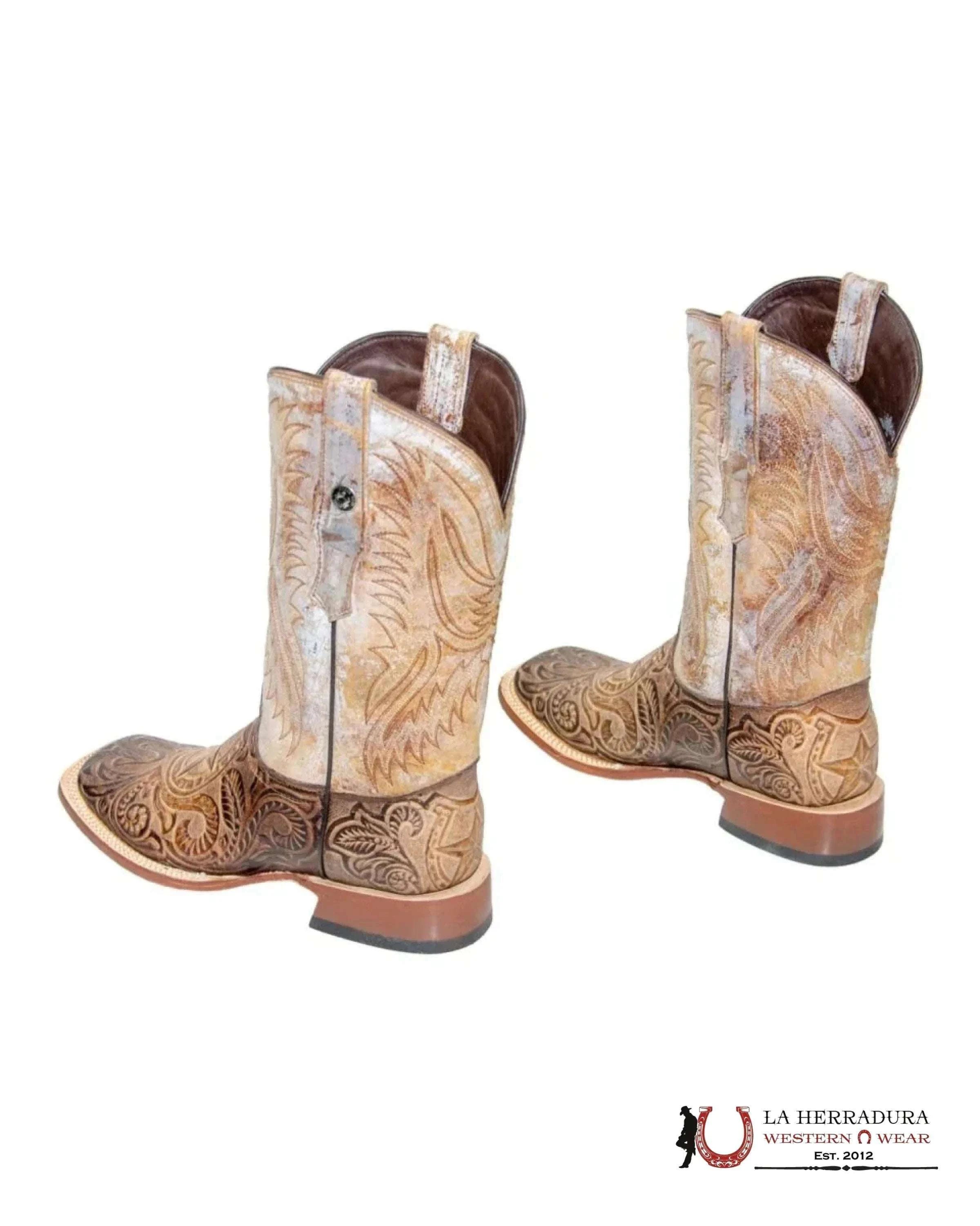 TANNER MARK MEN’S PRINTHAND TOOLED HORSESHOE (Everest Honey Top) SQUARE TOE BOOTS BROWN TM205542 BOTAS HOMBRES