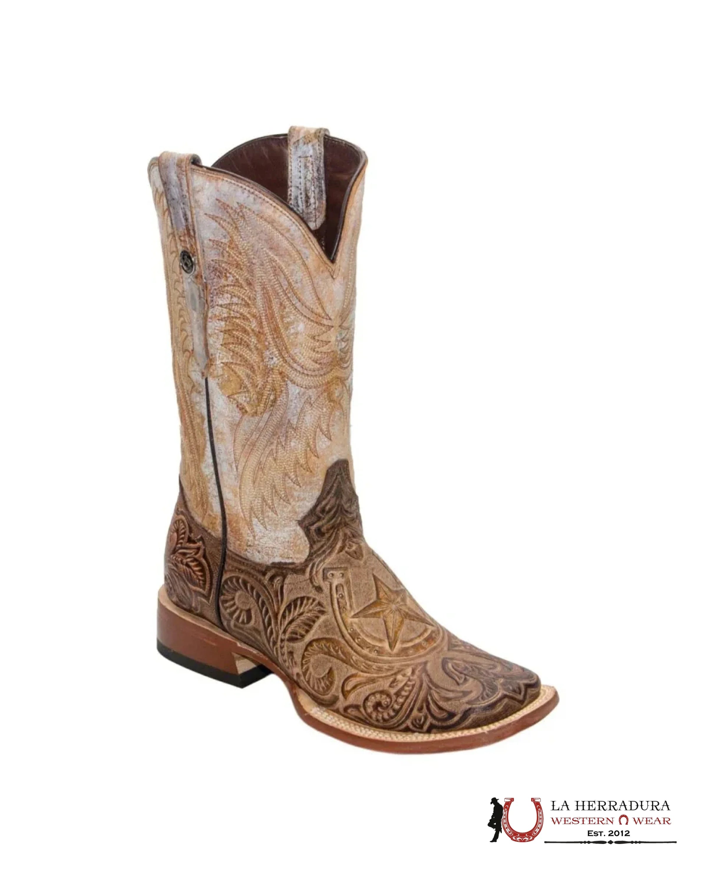 TANNER MARK MEN’S PRINTHAND TOOLED HORSESHOE (Everest Honey Top) SQUARE TOE BOOTS BROWN TM205542 BOTAS HOMBRES