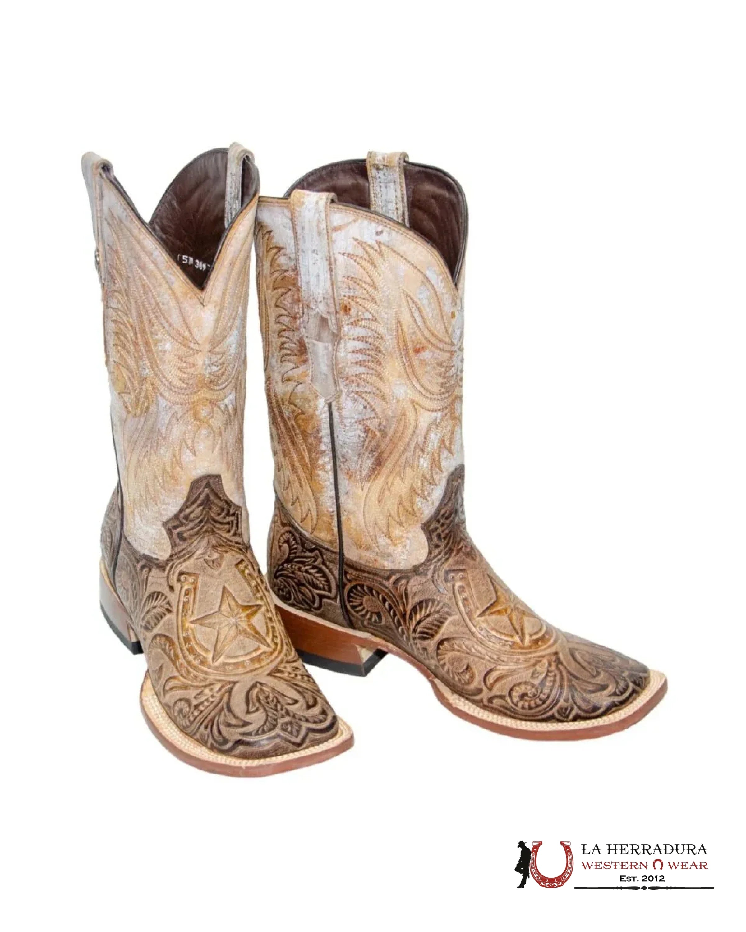 TANNER MARK MEN’S PRINTHAND TOOLED HORSESHOE (Everest Honey Top) SQUARE TOE BOOTS BROWN TM205542 BOTAS HOMBRES