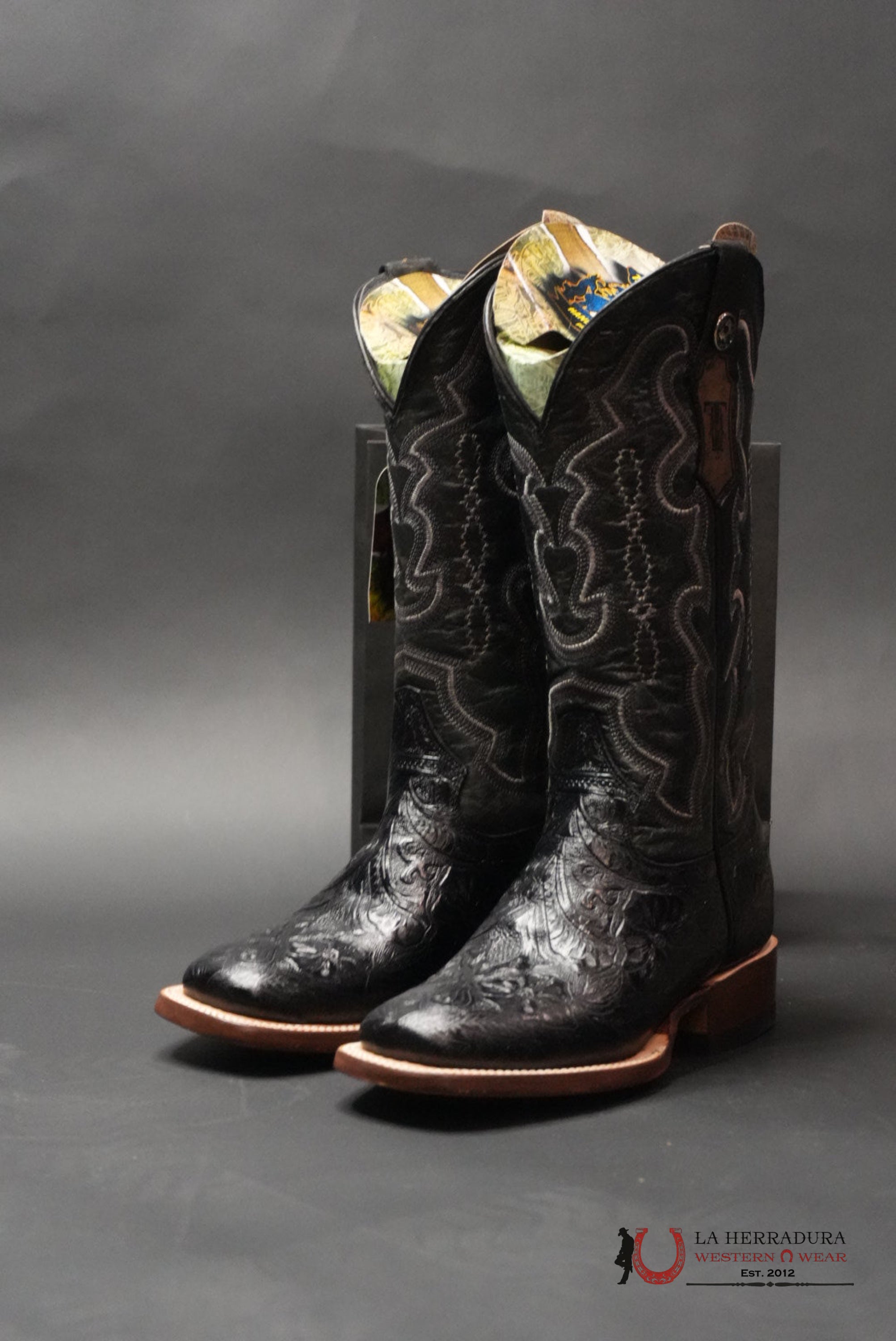 TANNER MARK WOMEN’S BLACK FANGO TOP HAND TOOLED PRINT BOTAS MUJERES