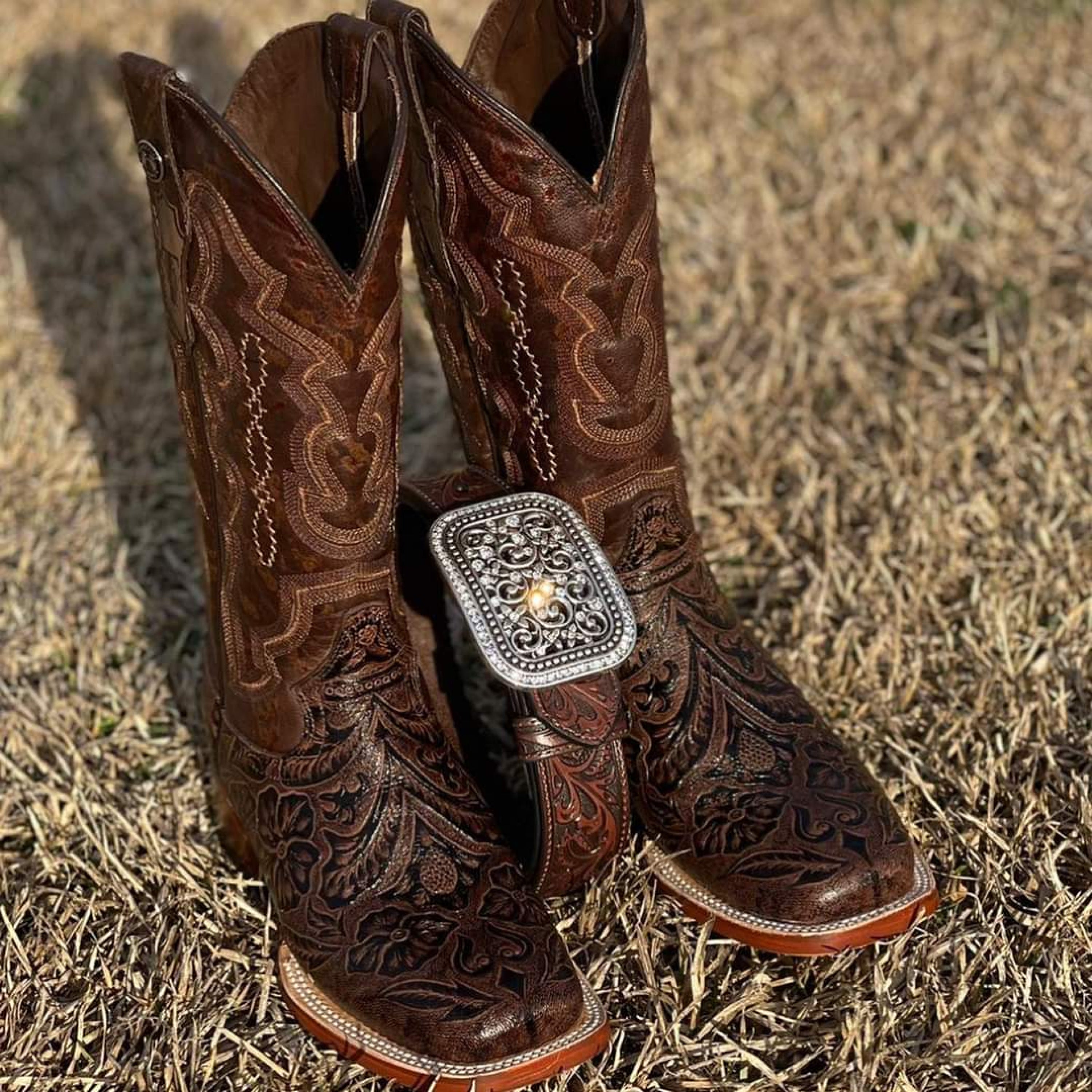 Tanner Mark Womens Boot Brown Fango Top Hand Tooled Print Botas Mujeres