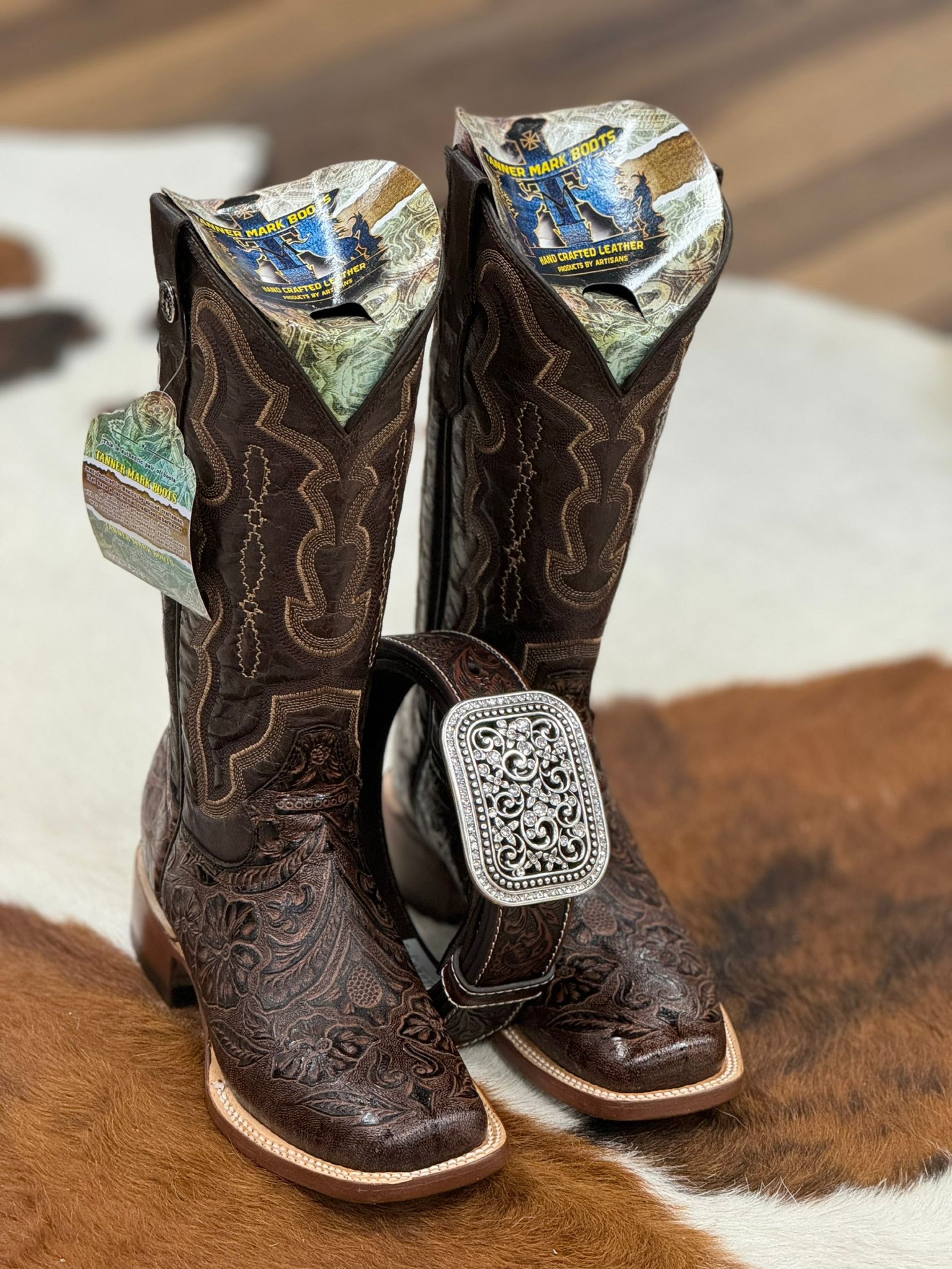 Tanner Mark Womens Boot Brown Fango Top Hand Tooled Print Botas Mujeres