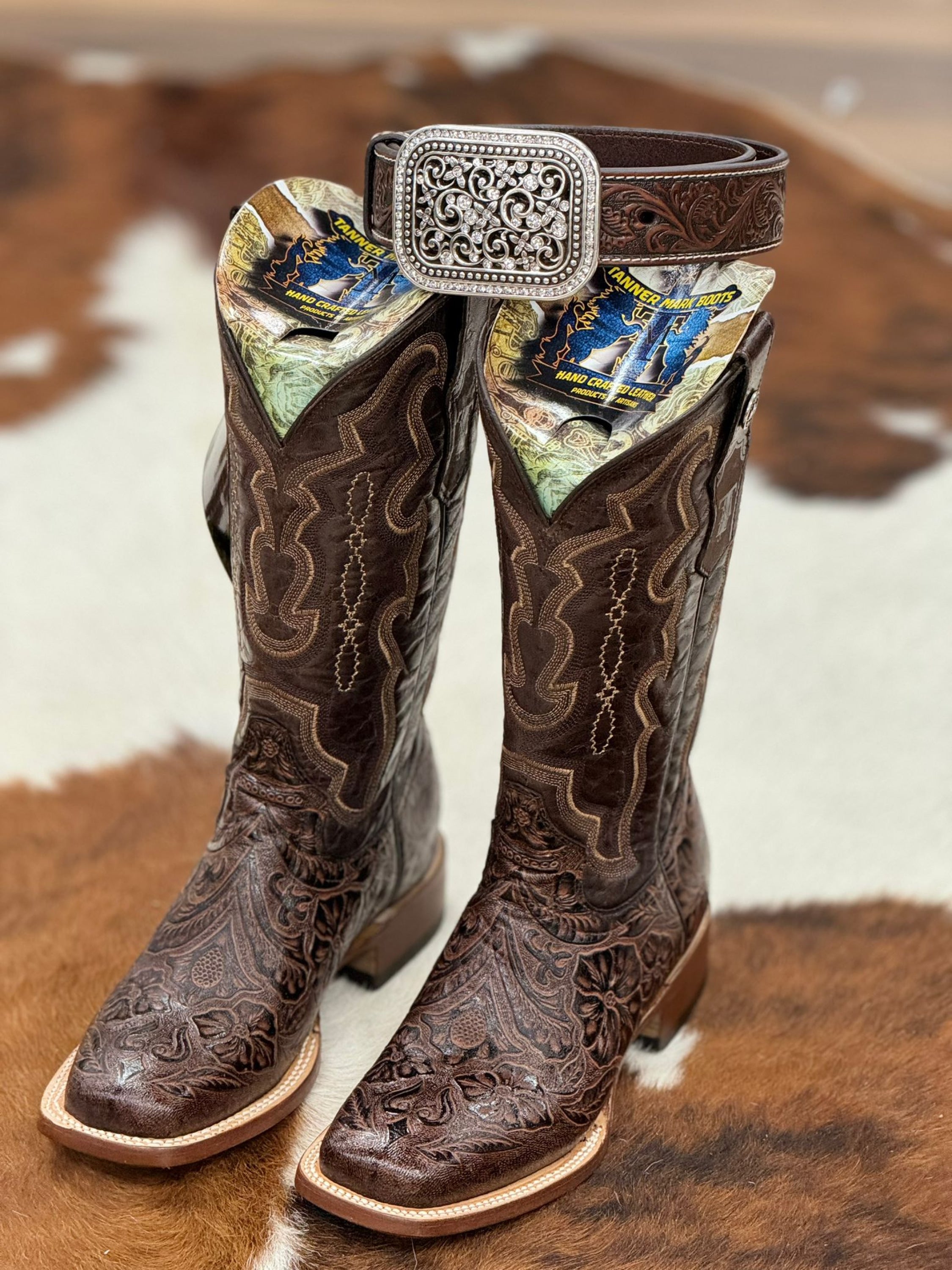 Tanner Mark Womens Boot Brown Fango Top Hand Tooled Print Botas Mujeres