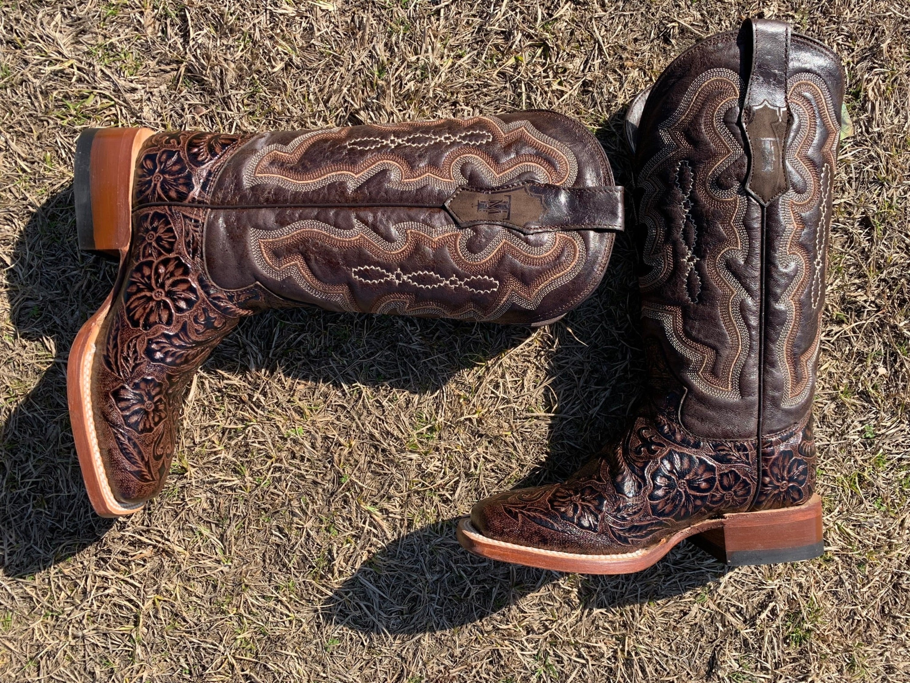 Tanner Mark Womens Boot Brown Fango Top Hand Tooled Print Botas Mujeres