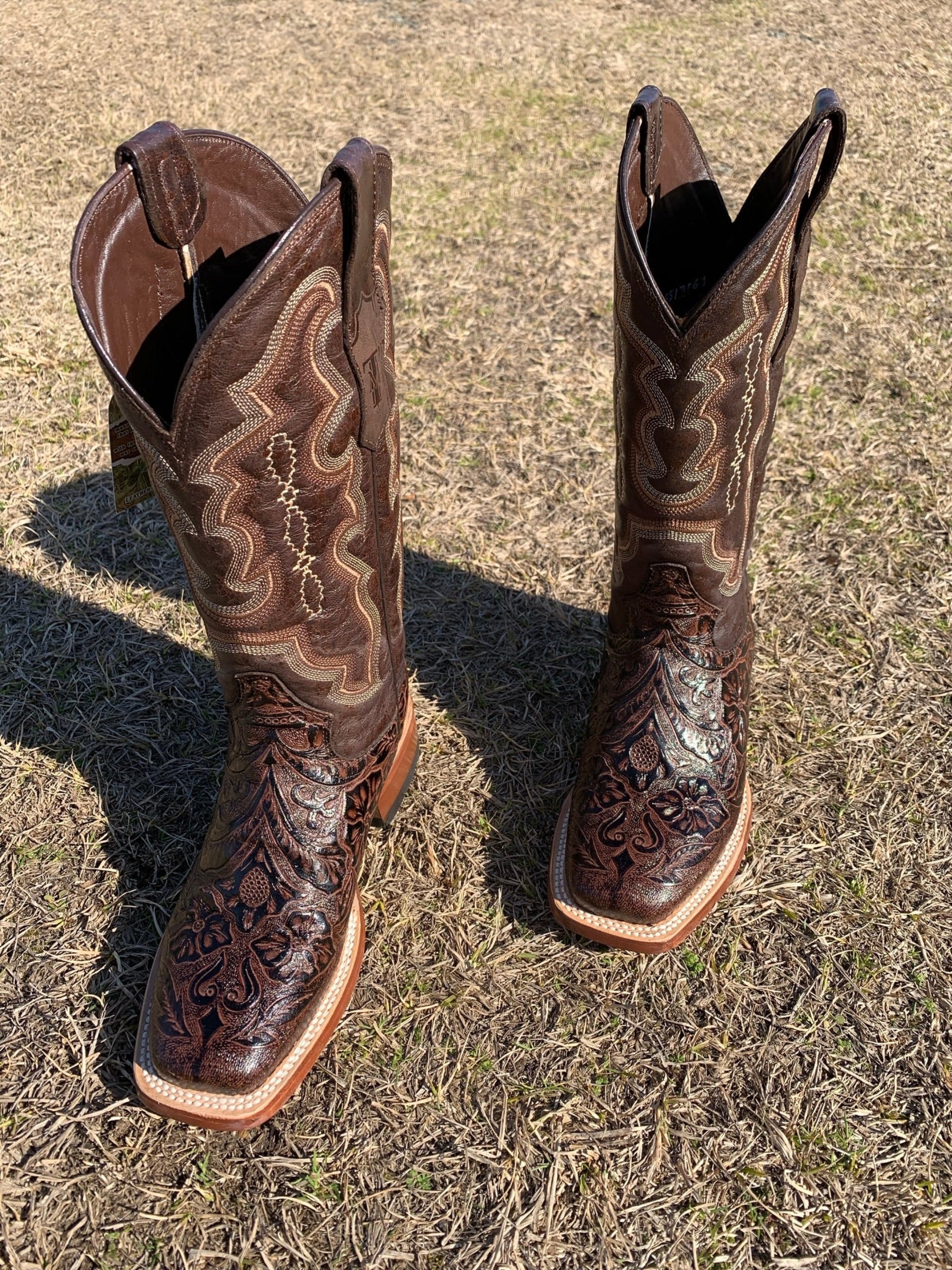 Tanner Mark Womens Boot Brown Fango Top Hand Tooled Print Botas Mujeres