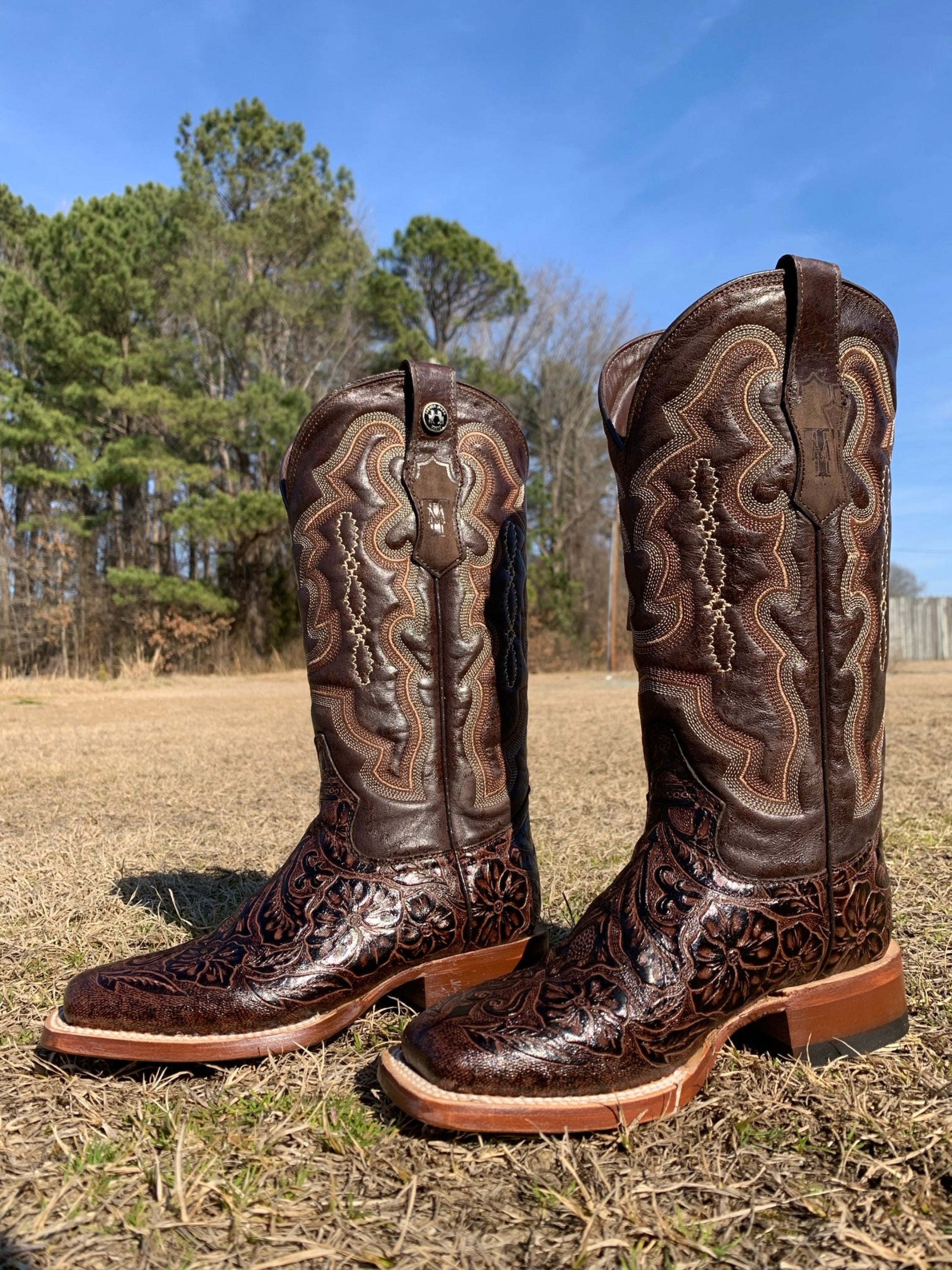 Tanner Mark Womens Boot Brown Fango Top Hand Tooled Print Botas Mujeres