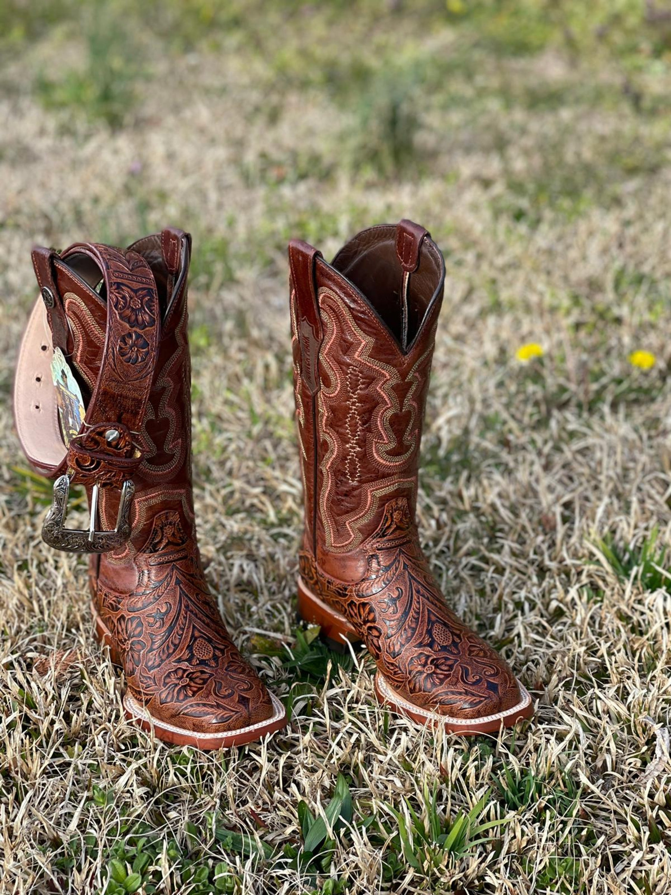 Tanner Mark Womens Boot Brown Fango Top Hand Tooled Print Botas Mujeres