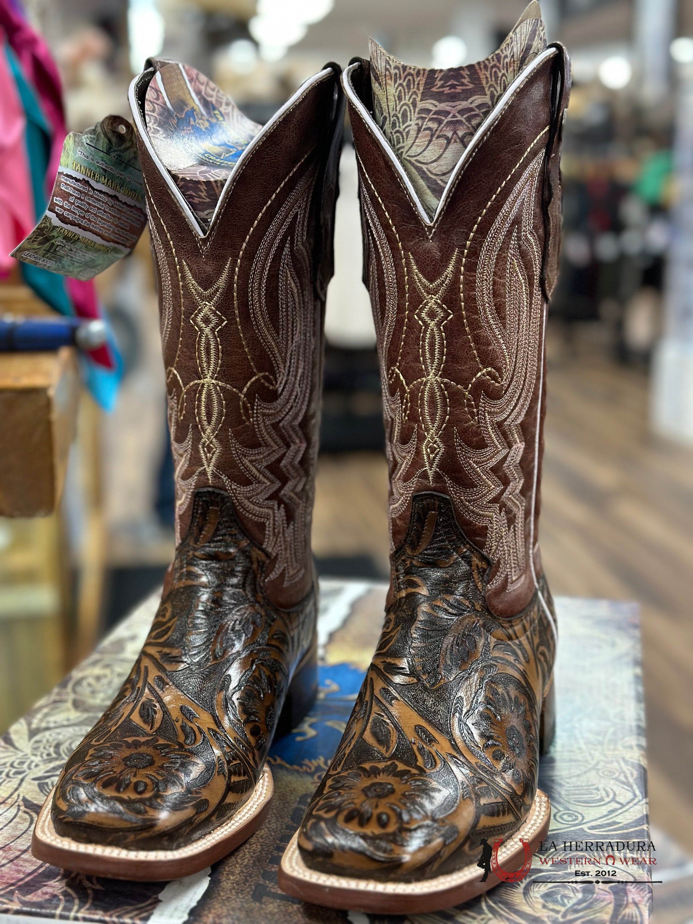 Tanner Mark Womens Hand Tooled Italo Orix Print Jungle Brown 207136 Botas Mujeres