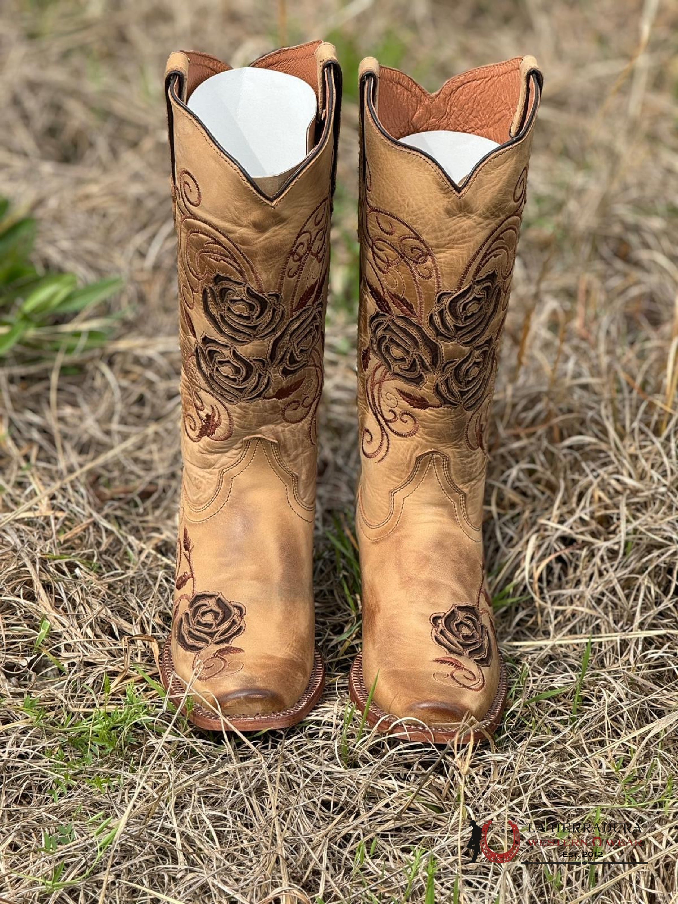 Tanner Mark Women’s Mcallen Sand With Brown Roses Inlay Botas Mujeres