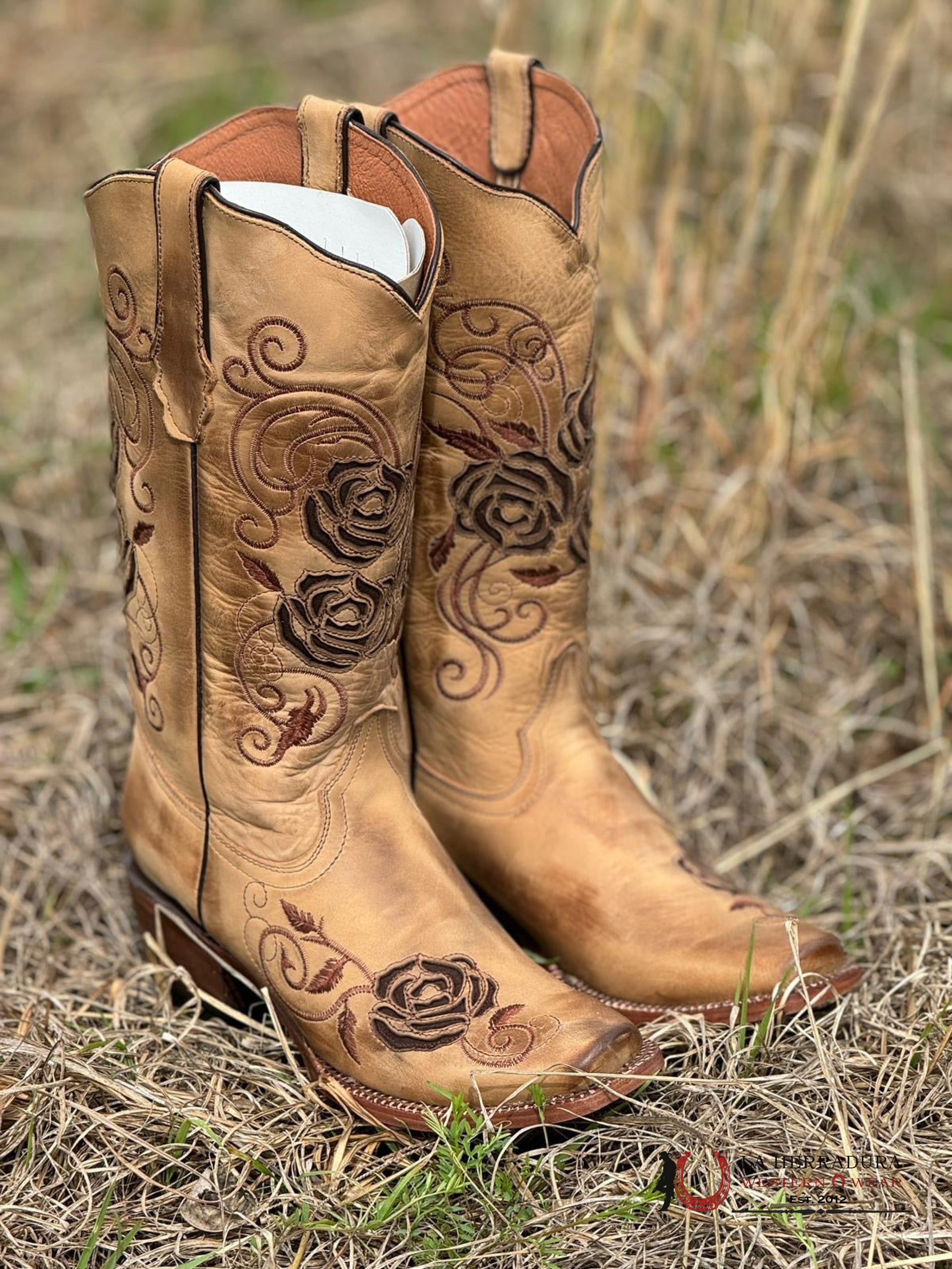 Tanner Mark Women’s Mcallen Sand With Brown Roses Inlay Botas Mujeres