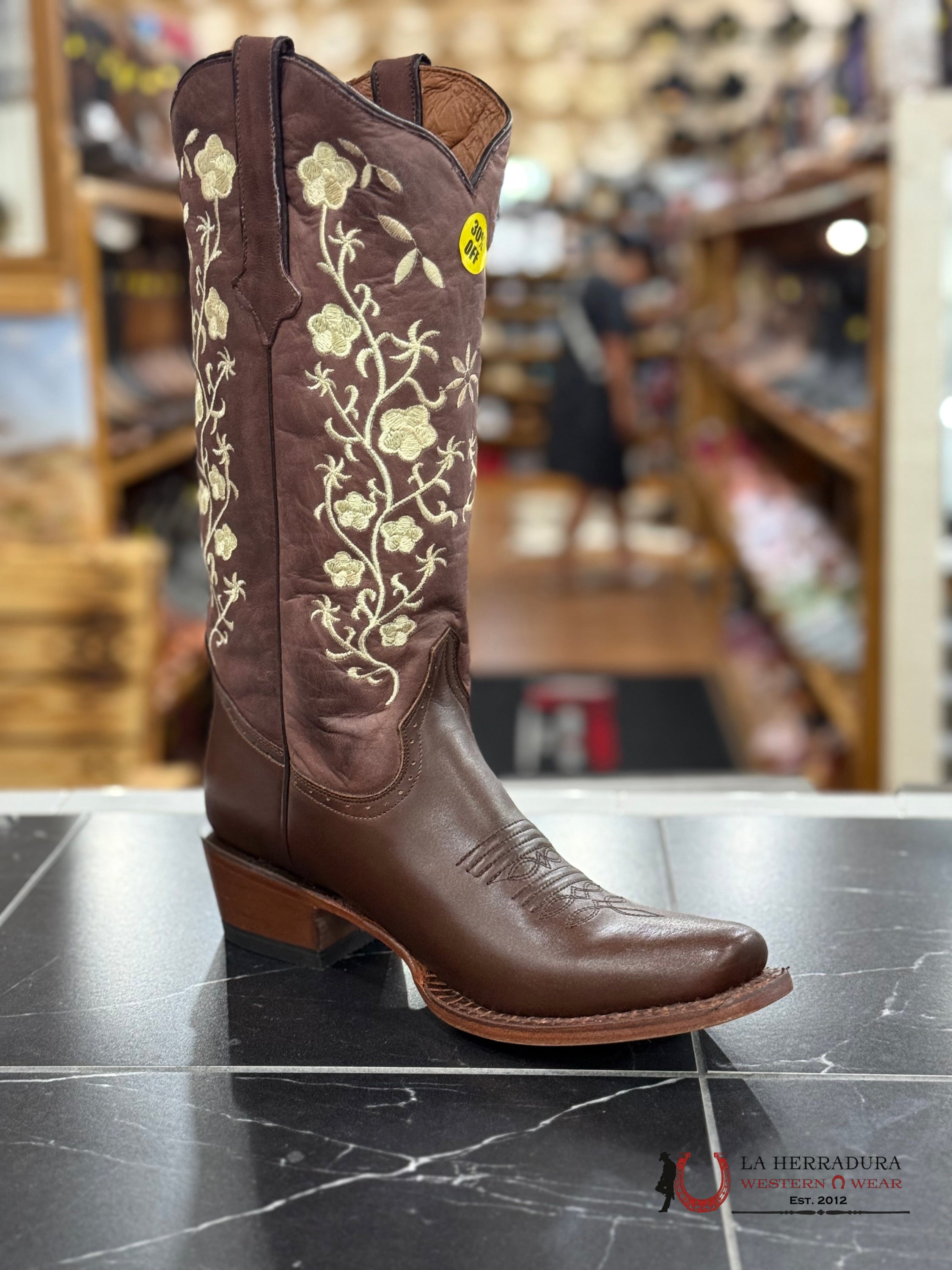 TANNER MARK WOMENS TURIN COFFEE/Vintage Brown with Embroidered Daisy Pattern- TML205029 BOTAS MUJERES
