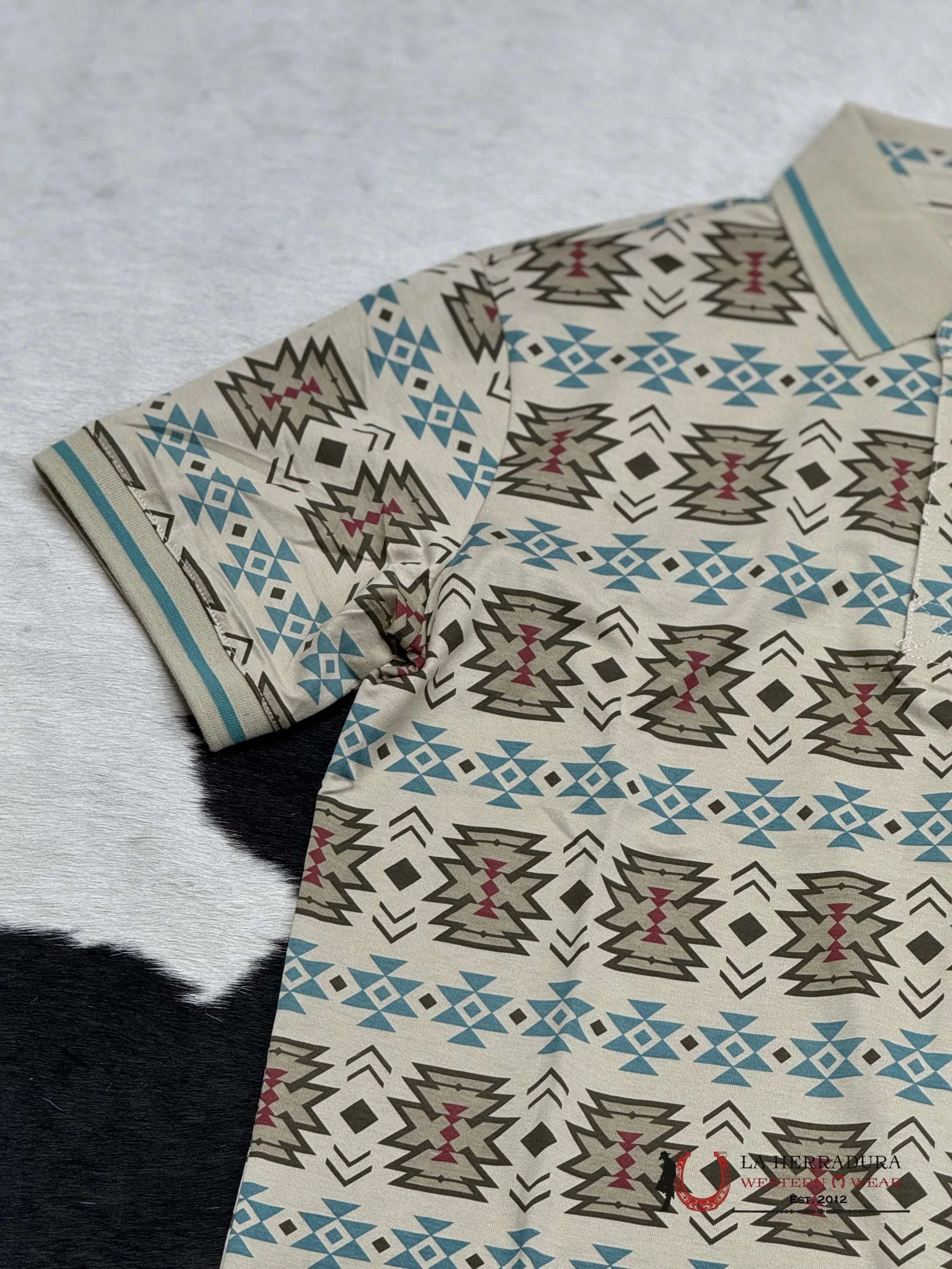 Taupe Teal Polo Aztec Short Sleeve Shirt Ropa Hombres