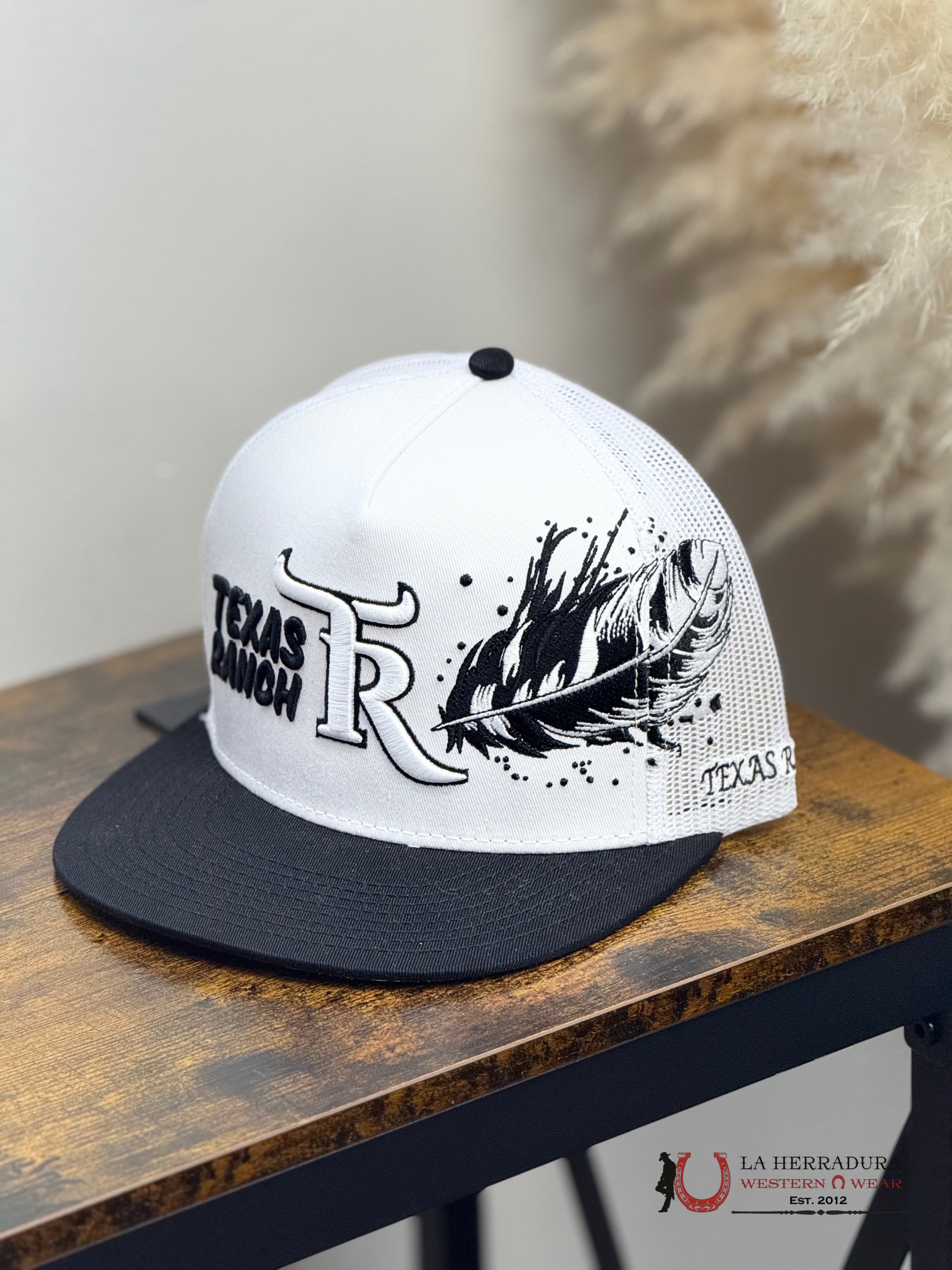 TEXAS RANCH white Style 015 pluma negro con blanco hat CAPS MENS GORRAS HOMBRES