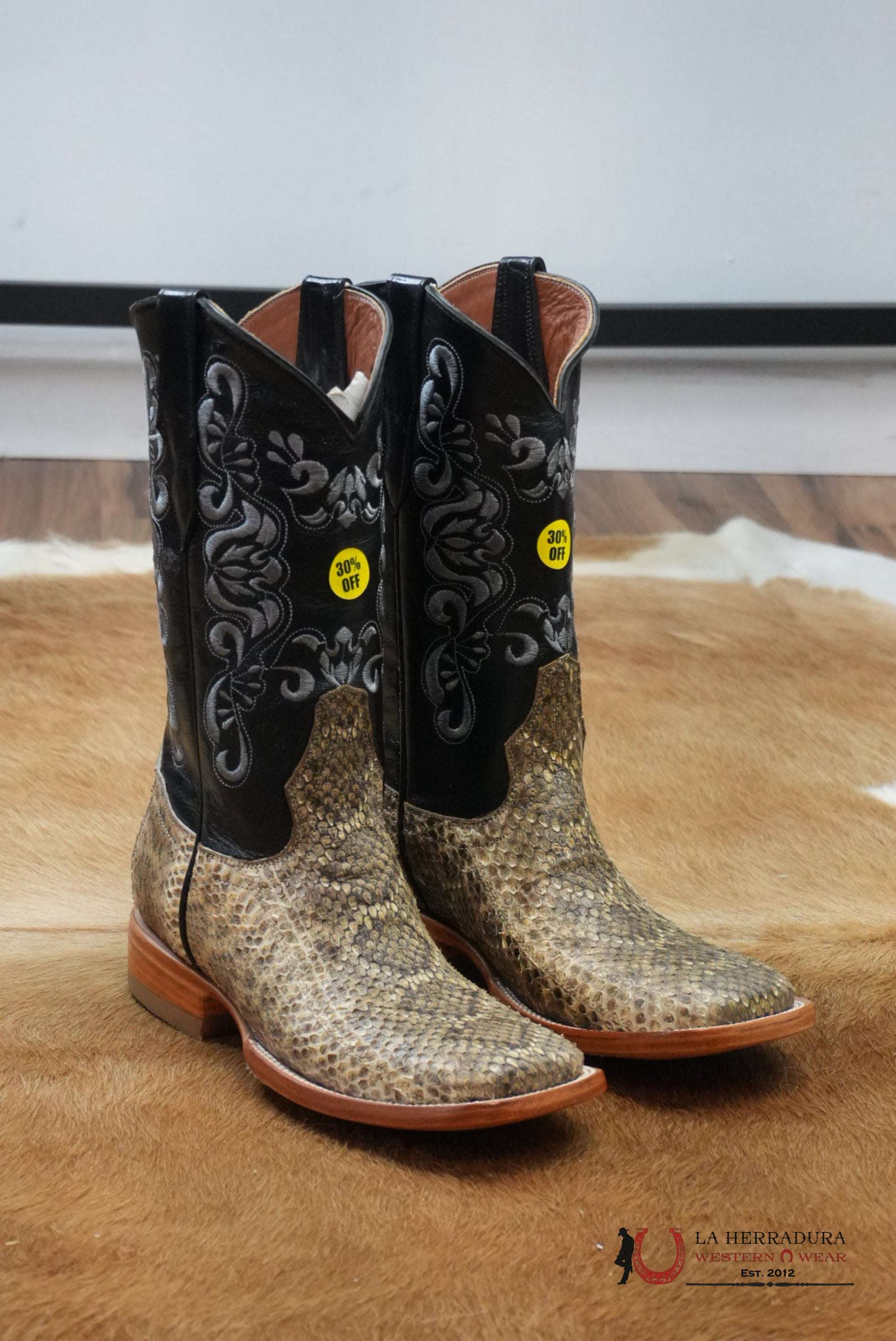 EXOTIC BOOT PYTHON BLACK STICHING SQUARE TOE BOTAS HOMBRES
