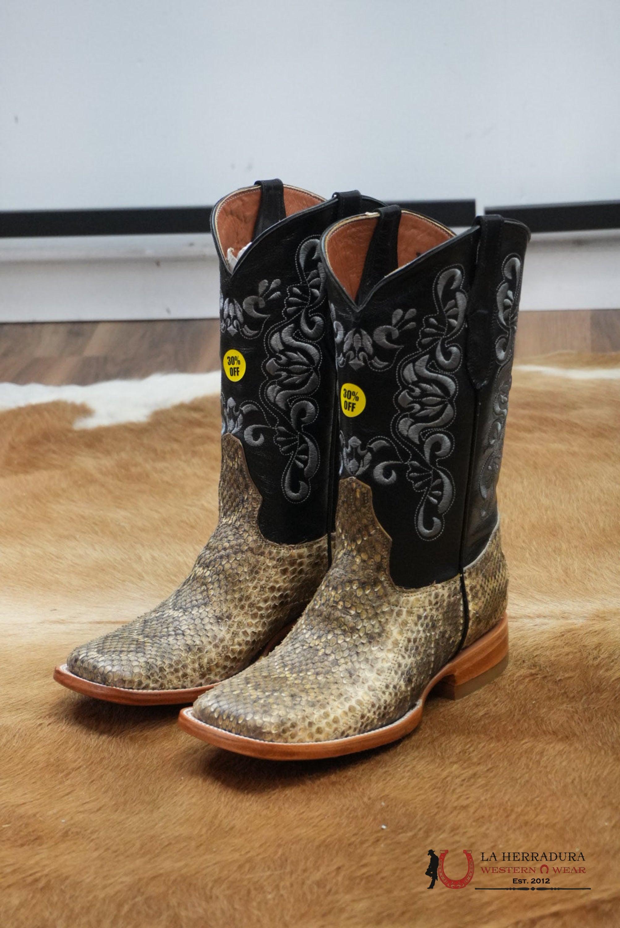 EXOTIC BOOT PYTHON BLACK STICHING SQUARE TOE BOTAS HOMBRES