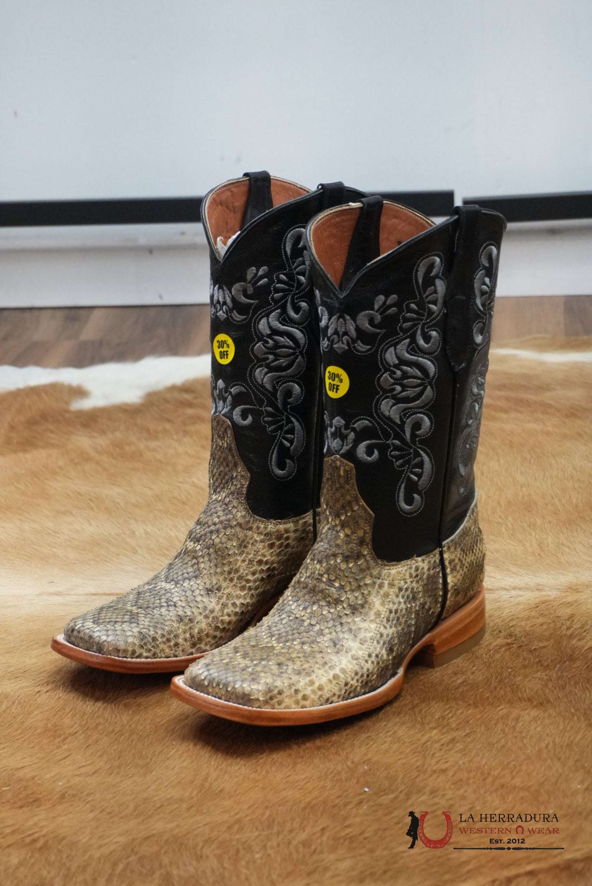 EXOTIC BOOT PYTHON BLACK STICHING SQUARE TOE BOTAS HOMBRES
