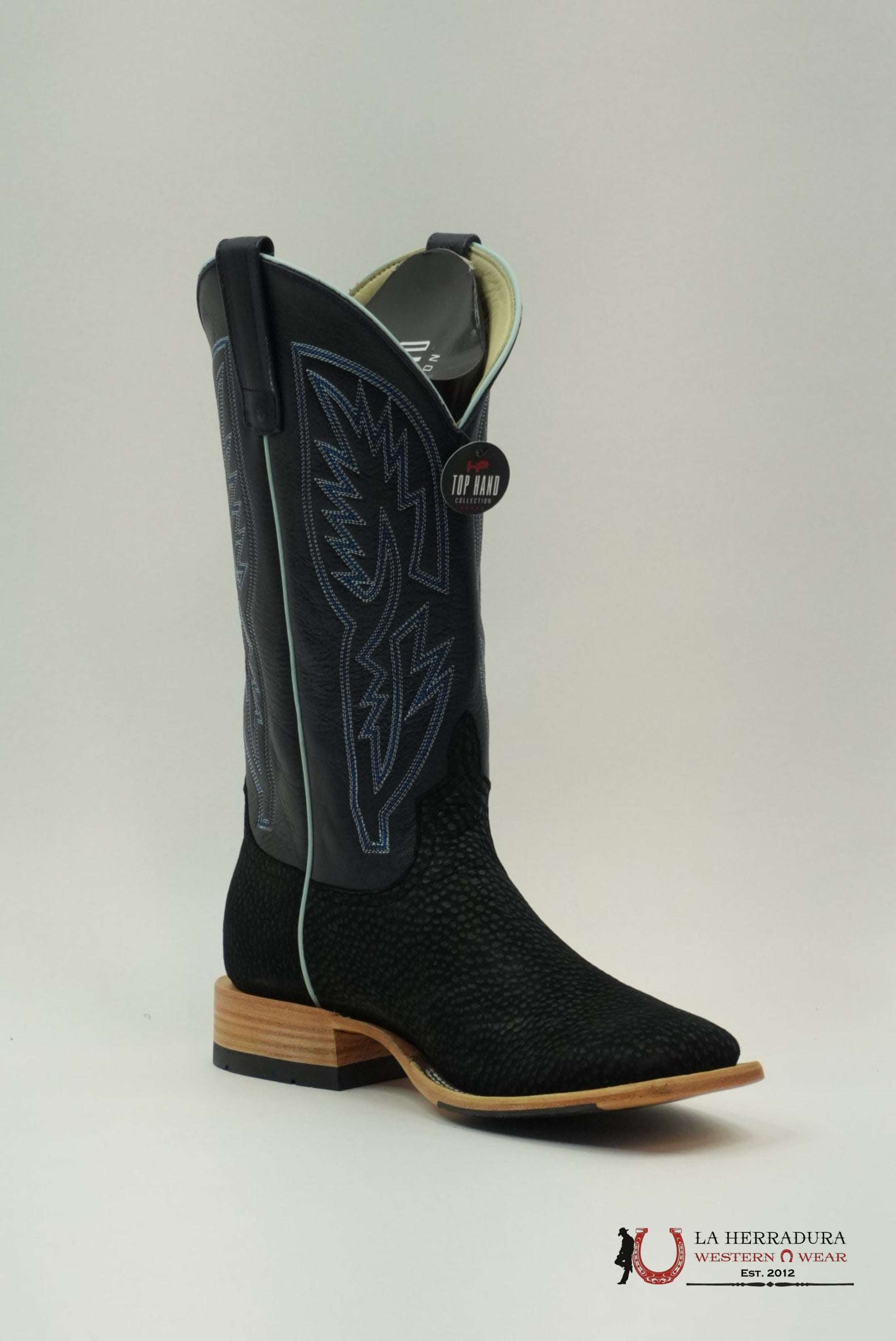 TOP HAND COLLECTION MEN BOOTS BLACK CARPINCHO BLUE TUBE STITCHING SQUARE TOE HP8084 BOTAS HOMBRES